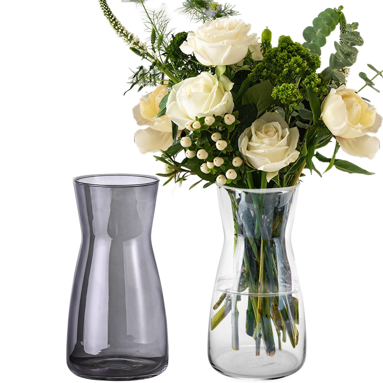 RNHDLY 2 jarrones de cristal para flores, 20 cm de alto, jarrones de cristal transparente para decoración de mesa, juego de jarrones estéticos para tulipanes, rosas, flores secas (transparente y gris