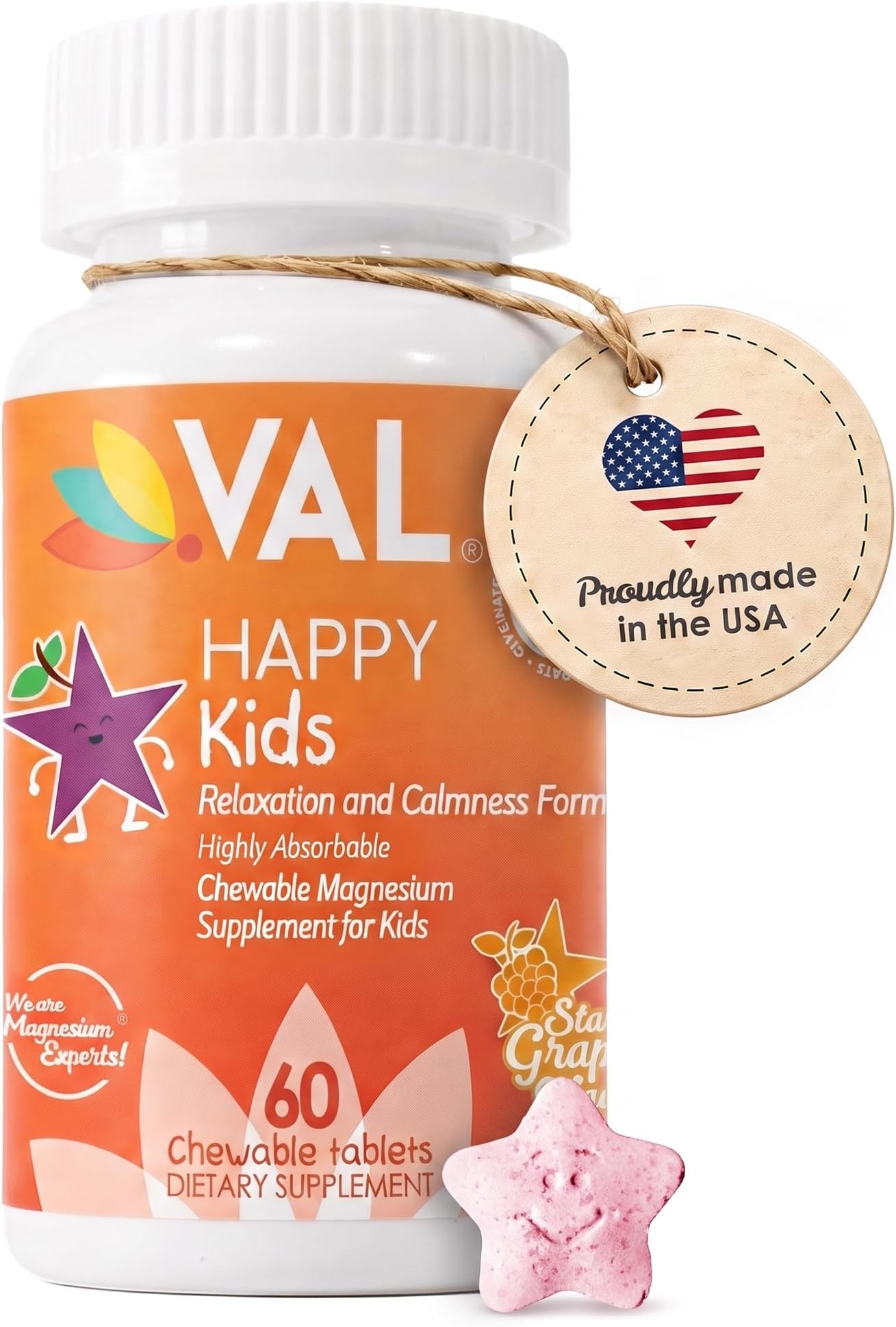 VAL Magnesium for Kids | High-Absorption Magnesium for Calm, Relaxation & Focus | Mg Glycinate, Citrate & Taurate | with Vitamin B6, D & C | Sugar-Free, Non-GMO | 60 Chewable Tablets