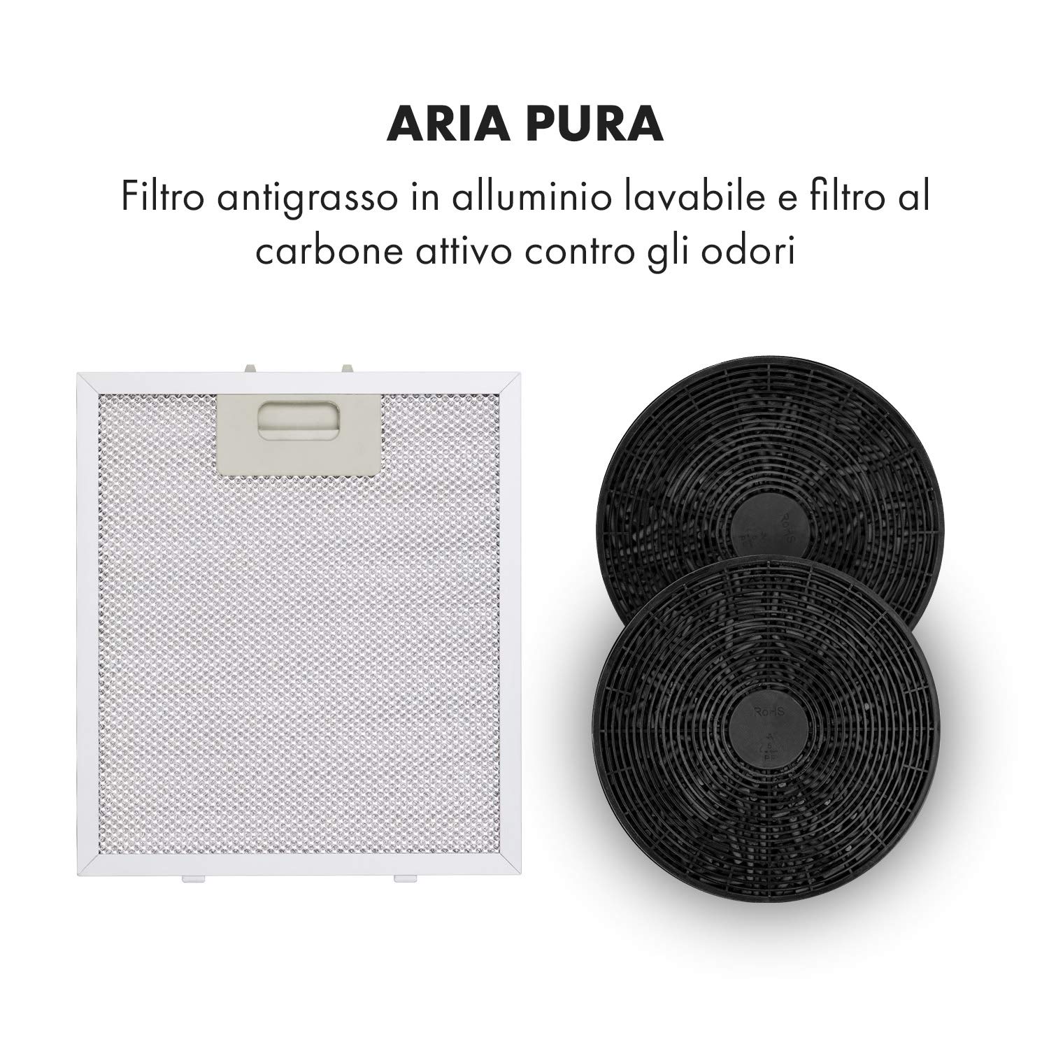 KLARSTEIN Tron Ambience - Cappa da Cucina, Filtri a Carboni Attivi, Cappa Aspirante, ad Isola, 38 x 45 cm (ØxB), Sospensione 60 cm, 3 Modalità, Portata Aria: 540 m³/h, Nero