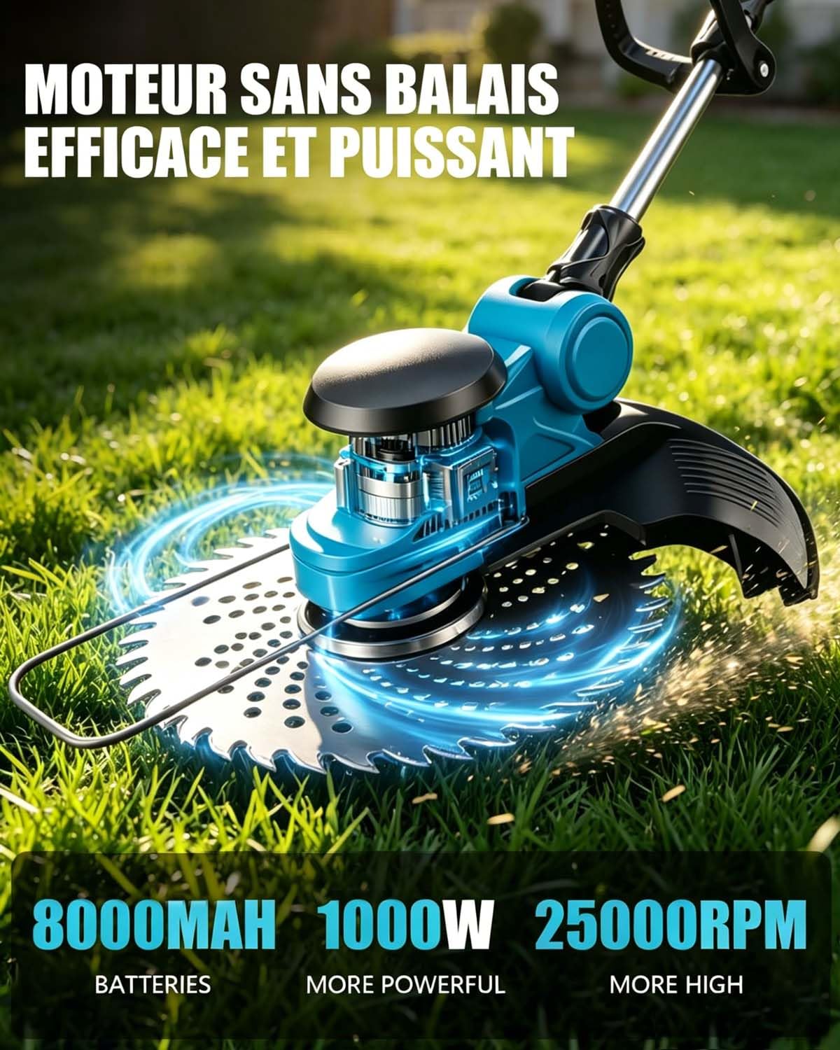 Debroussailleuse Electrique sans Fil 1000W avec écran LCD, Coupe Bordure sans Fil avec 2 Batterie 4,0 Ah et 4 Lames, Debrouissalleuses Batterie avec Roues Latérales pour Tondre Le Jardin (Bleu)