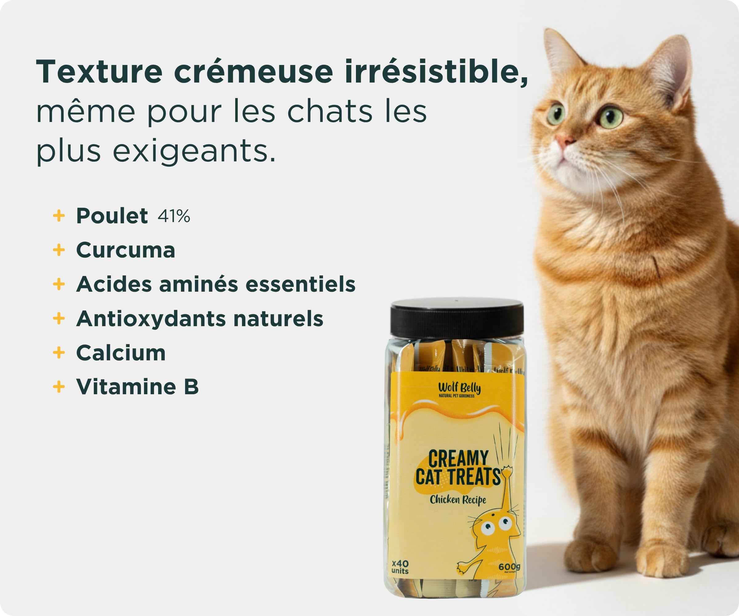Wolf Belly - Liquid Snack pour Chat (40 uds x 15 g) à Base de Poulet | Creamy Friandises Saines Riches en Protéines | sans Céréales ni Colorants Artificiels - Fabriqué en Europe