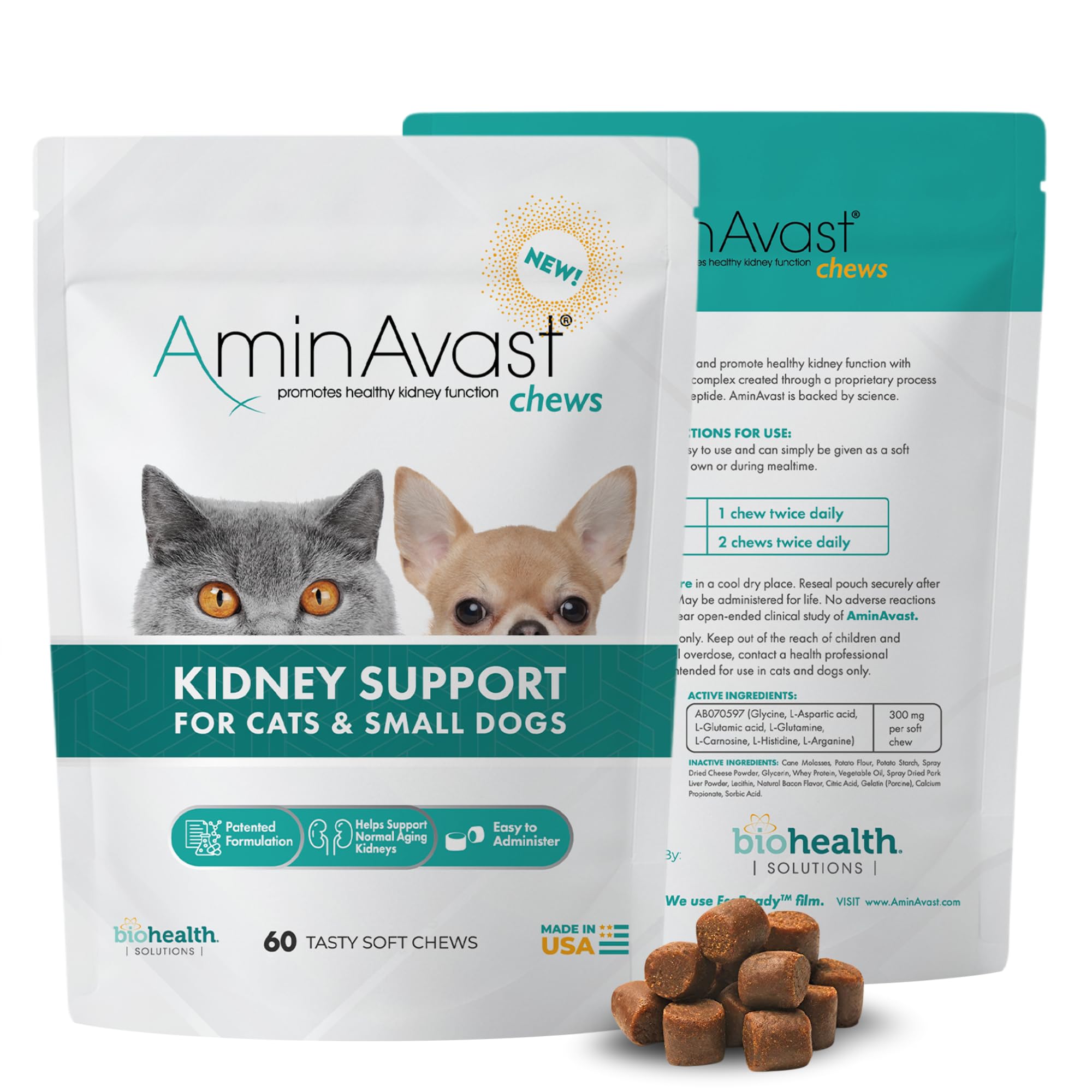 AminAvast Small Dogs & Cat Kidney Support - Promotes Healthy Kidney Support in Cats & Small Dogs - 300mg (60 Chews)