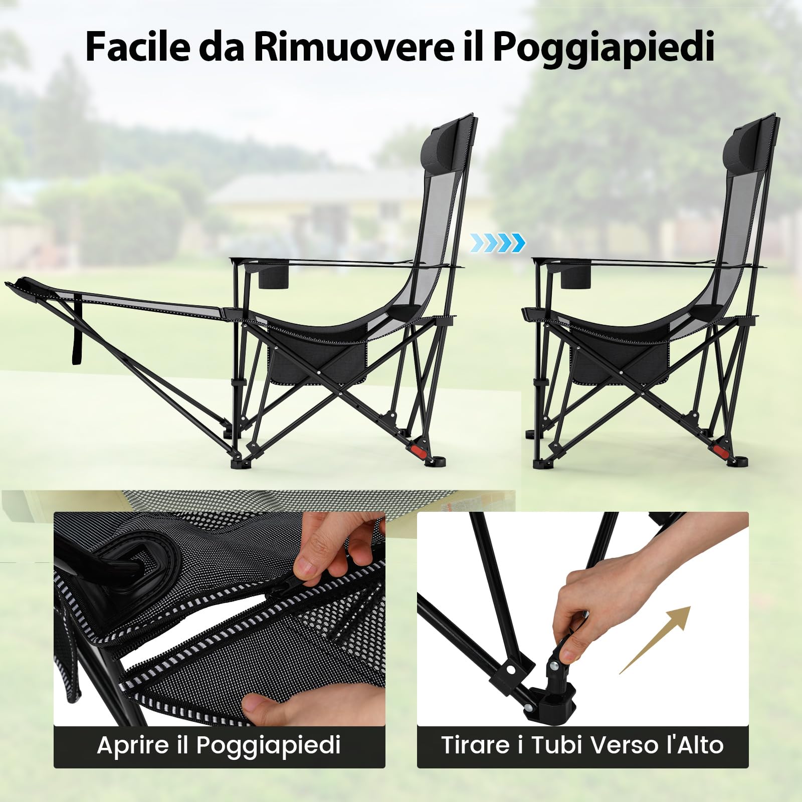 COSTWAY Sedia da Campeggio Pieghevole con Poggiapiedi Rimovibile, Schienale Reclinabile, Portata 150 kg, Tela Oxford Grigio