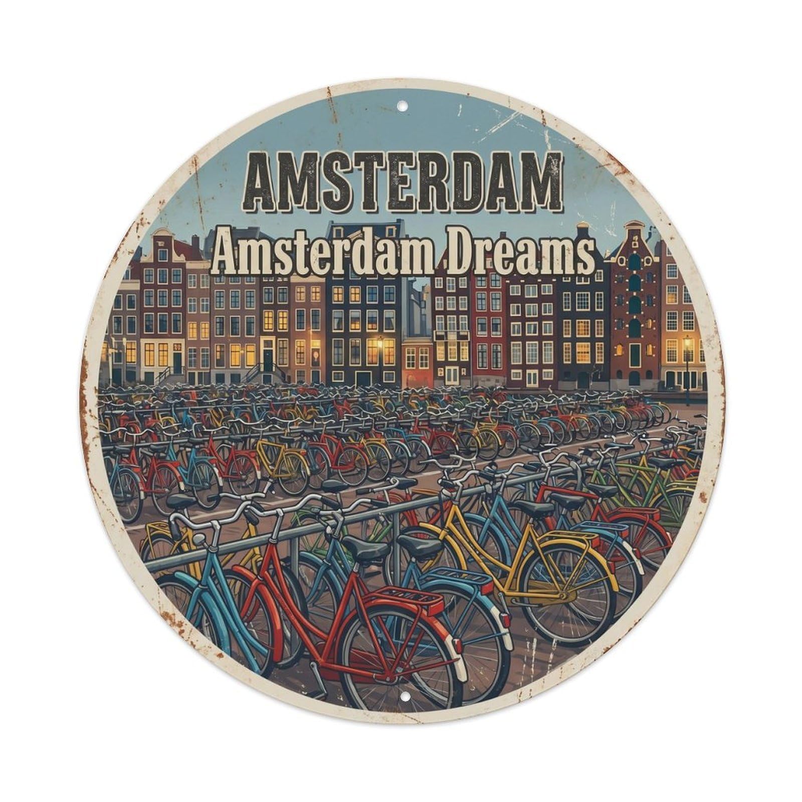 Vintage Travel Dutch Bicycle Parking Metal Tin Sign Plaque Wall Decor for Cafe, Club, Garden Round Metal Poster 8x8Inch