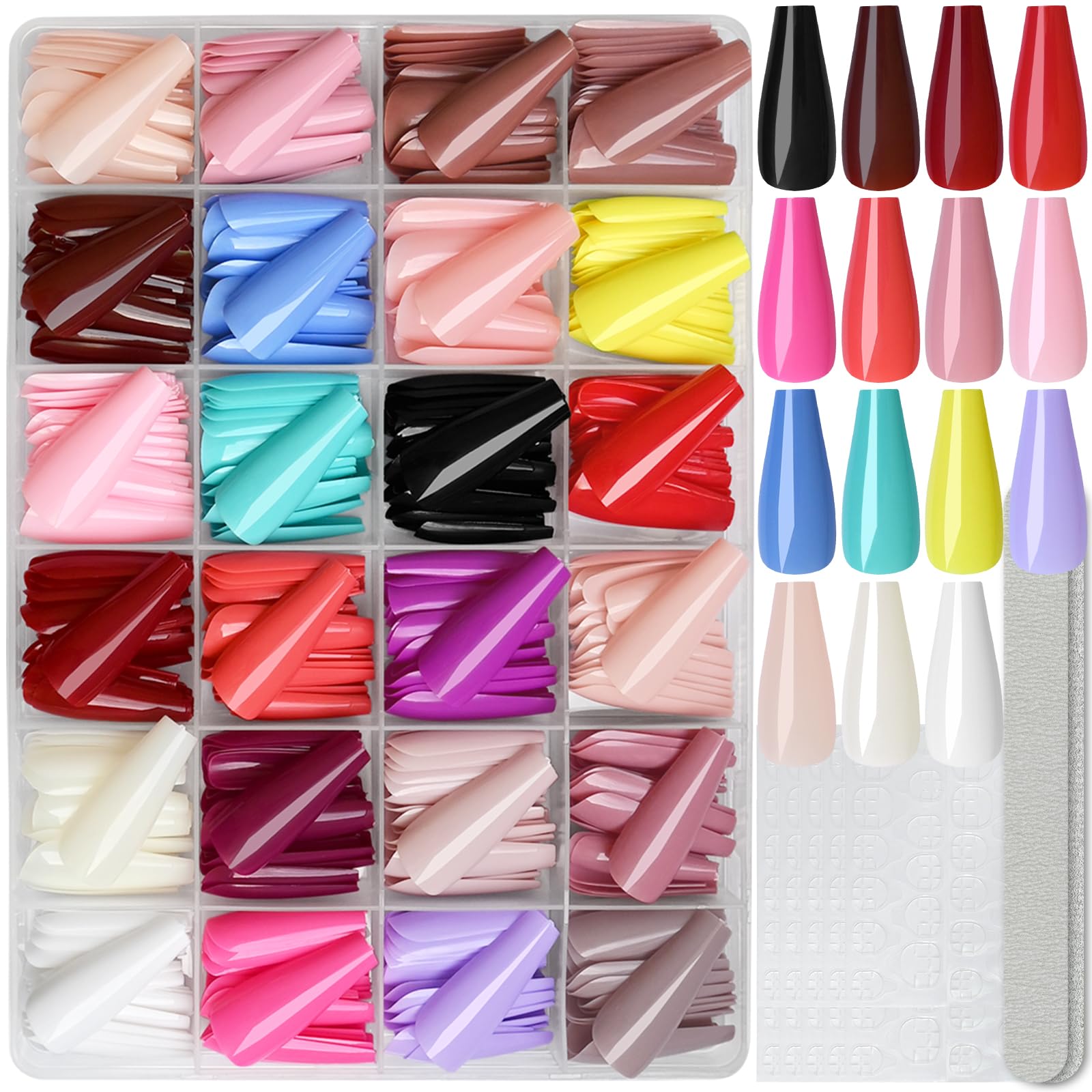 LoveOurHome 576pc Coffin Press on Nails Long Fake Nails Kit, Acrylic Nails Press on Nails Coffin False Nails Full Cover Glue on Press ons Nail Medium Ballerina Artificial Fingernails for Women Girls