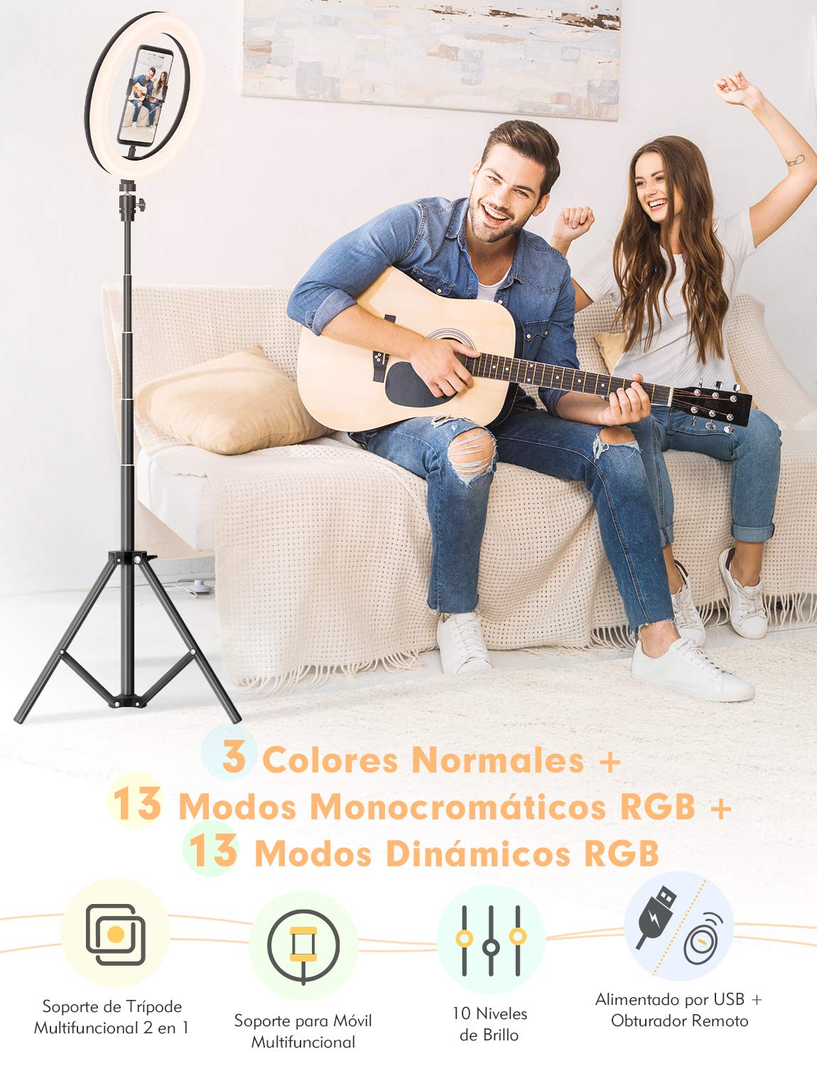 YISSVIC Aro de Luz 10" Anillo de Luz con Trípode Control Remoto 168 LED 3 Modos de Luz y 26 RGB Modos, para Móvil TIK Tok Maquillaje Youtube Vlog Selfie Fotografía ect.