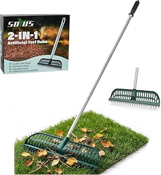 Artificial Turf Rake, 2 in 1 Turf Rake with Adjustable Steel Handle, 30" to 53" Long, 17.9 inch Wide for Artificial Grass and Lawn Leaf Removal, Carpet Rakes, Pet Hair Removal