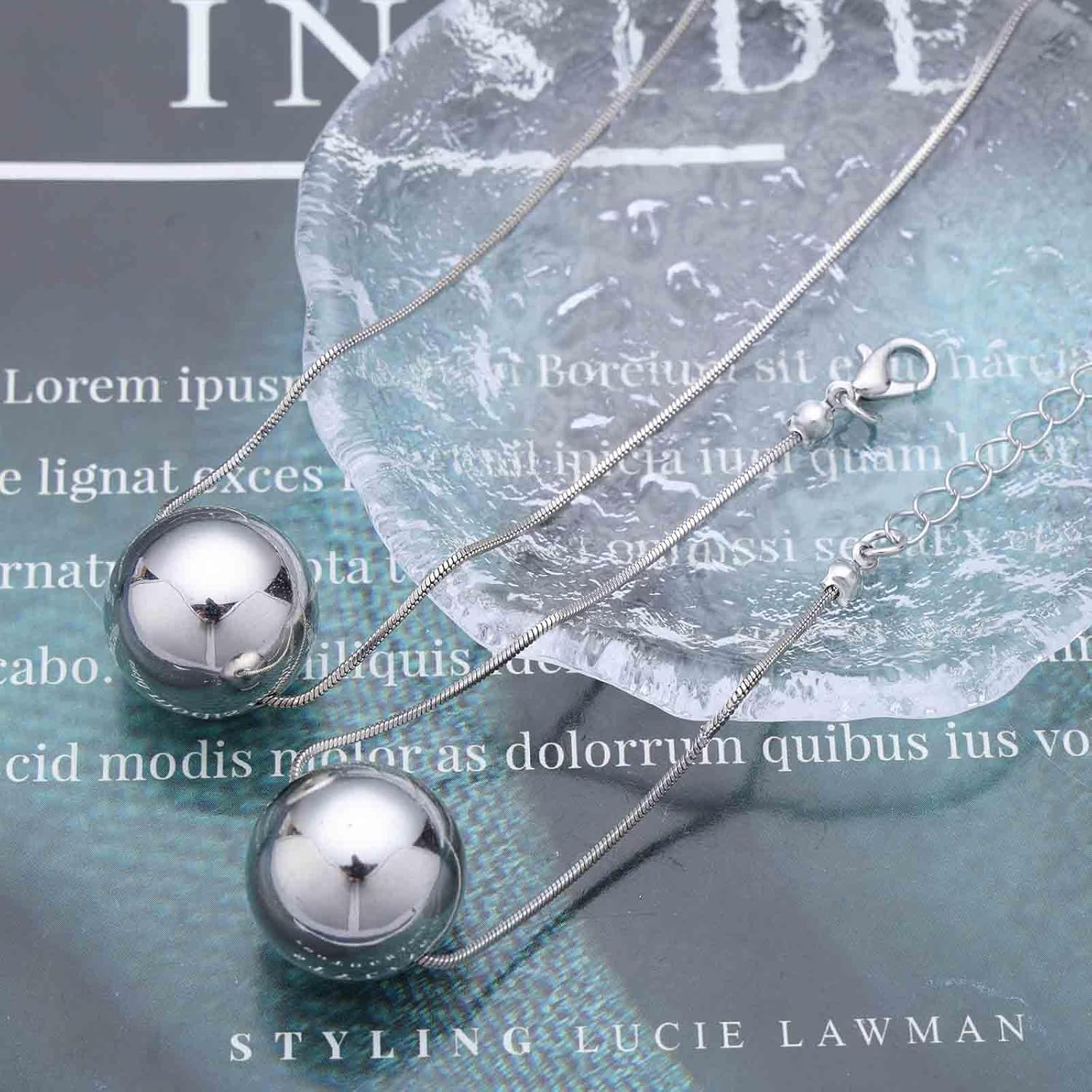 Boho Large Round Ball Choker Necklace Bead Ball Bracelet Chain Necklace Polished Metal Ball Floating Necklace Silver Sphere Necklace Big Simple Ball Chain Bracelet Set Jewelry for Women - Image 4