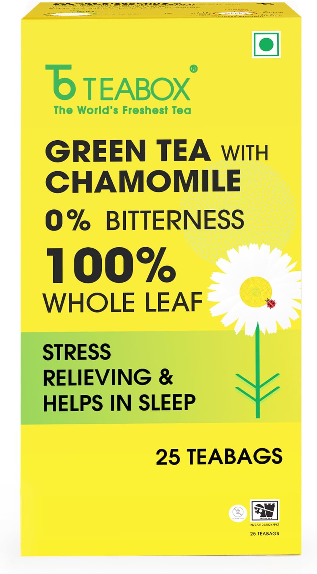 Teabox Chamomile Green Tea 25 Tea Bags | With Egyptian Chamomile Flowers & Whole Leaf Green Tea | Calming Blend for Relaxation & Sleep | Low Caffeine, Fresh & Aromatic