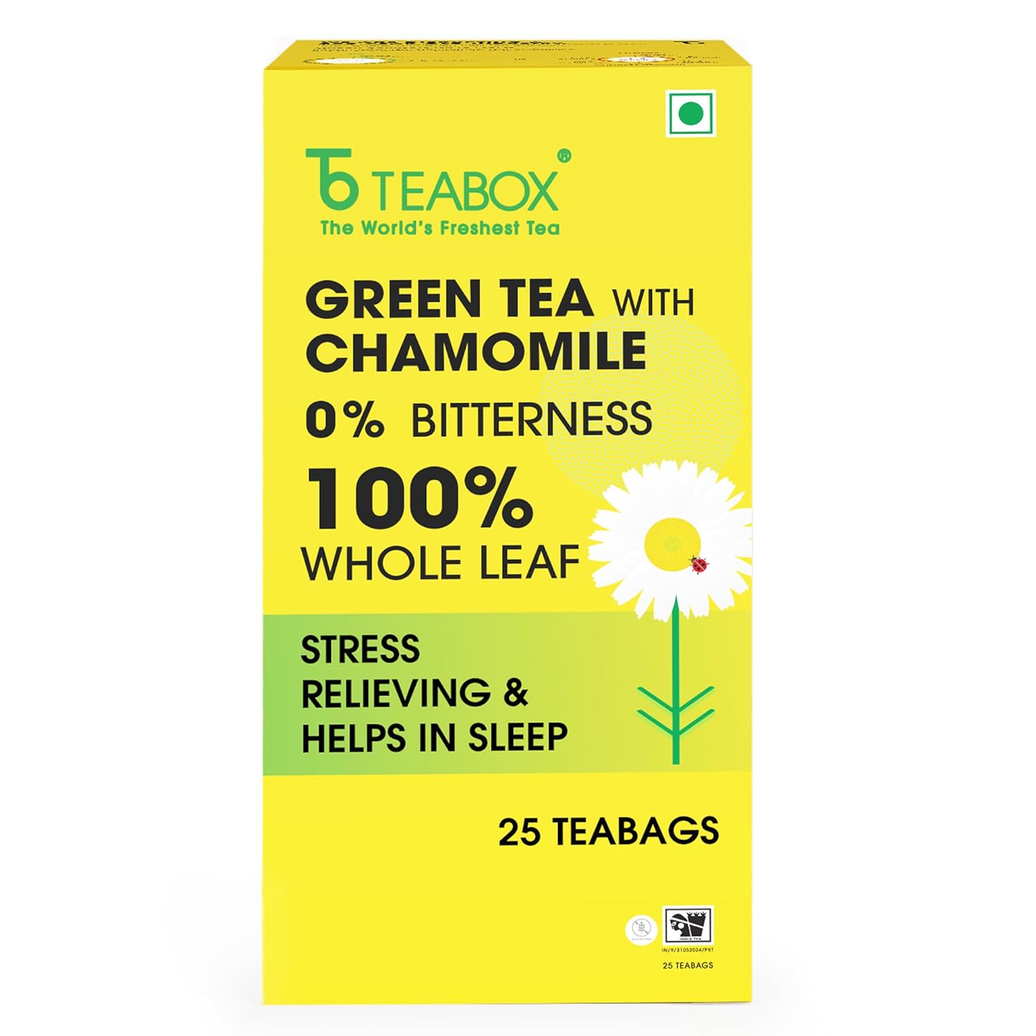 Teabox Chamomile Green Tea 25 Tea Bags | With Egyptian Chamomile Flowers & Whole Leaf Green Tea | Calming Blend for Relaxation & Sleep | Low Caffeine, Fresh & Aromatic