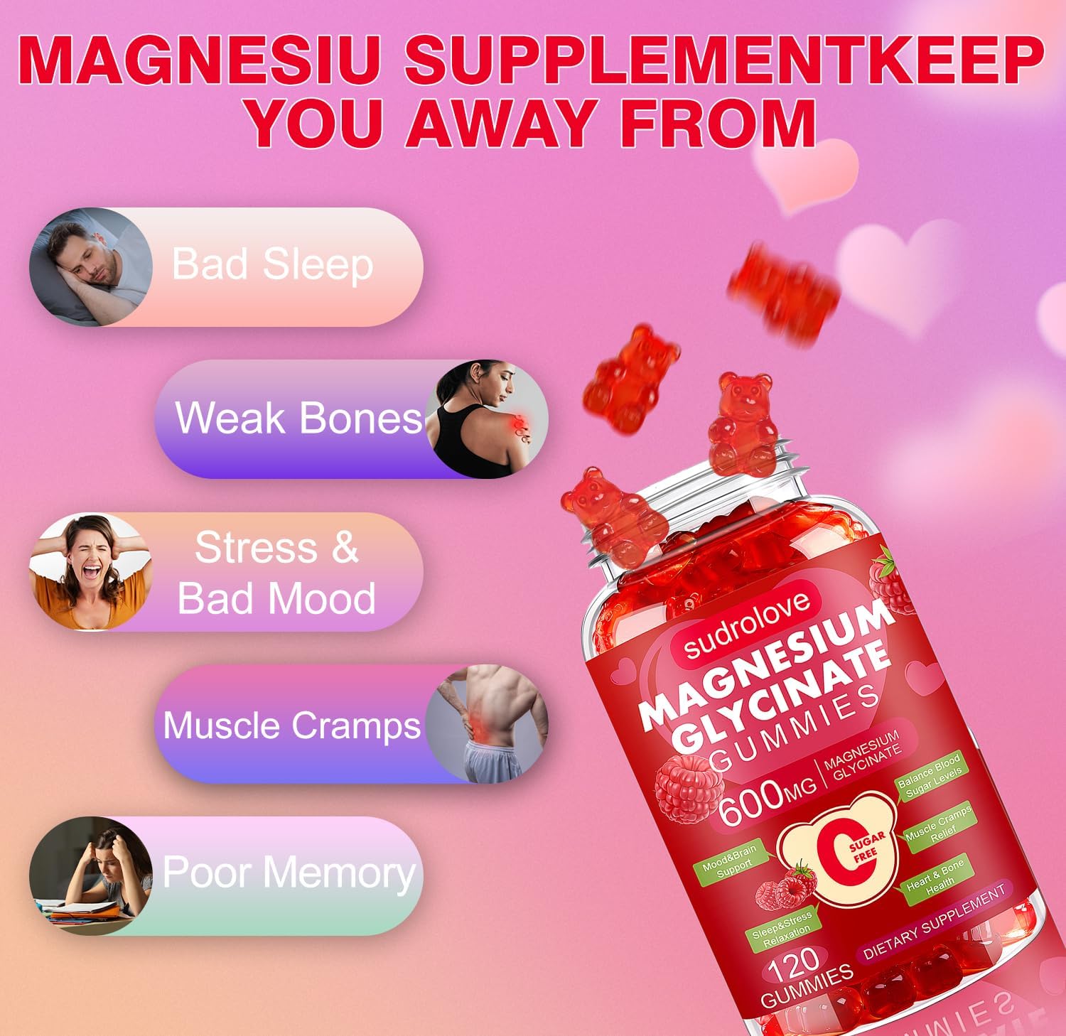 Magnesium Glycinate Gummies 600mg – Sugar Free Magnesium & Potassium Dietary Supplement with Vitamin D, B6 and CoQ10 for Calm Support & Sleep for Adults - High Absorption - Raspberry Gummies - Image 5