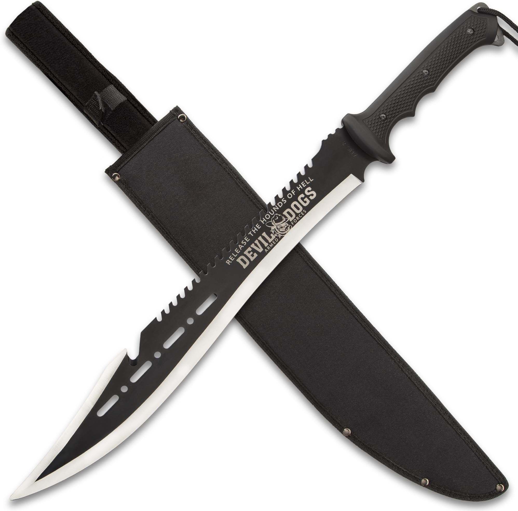Devil Dogs Full Tang Machete with Sheath Military - Black Handle | AUS-8 Stainless Steel | 17 ¾” Razor Sharp Blade | Sawback Serrations & Gut Hook | No Slip Handle | Two-Toned Finish - 25" Length