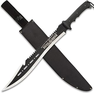 Devil Dogs Full Tang Machete with Sheath Military - Black Handle | AUS-8 Stainless Steel | 17 ¾” Razor Sharp Blade | Sawback Serrations & Gut Hook | No Slip Handle | Two-Toned Finish - 25" Length