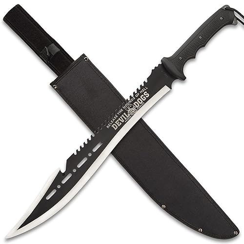Devil Dogs Full Tang Machete with Sheath Military - Black Handle | AUS-8 Stainless Steel | 17 ¾” Razor Sharp Blade | Sawback Serrations & Gut Hook | No Slip Handle | Two-Toned Finish - 25" Length