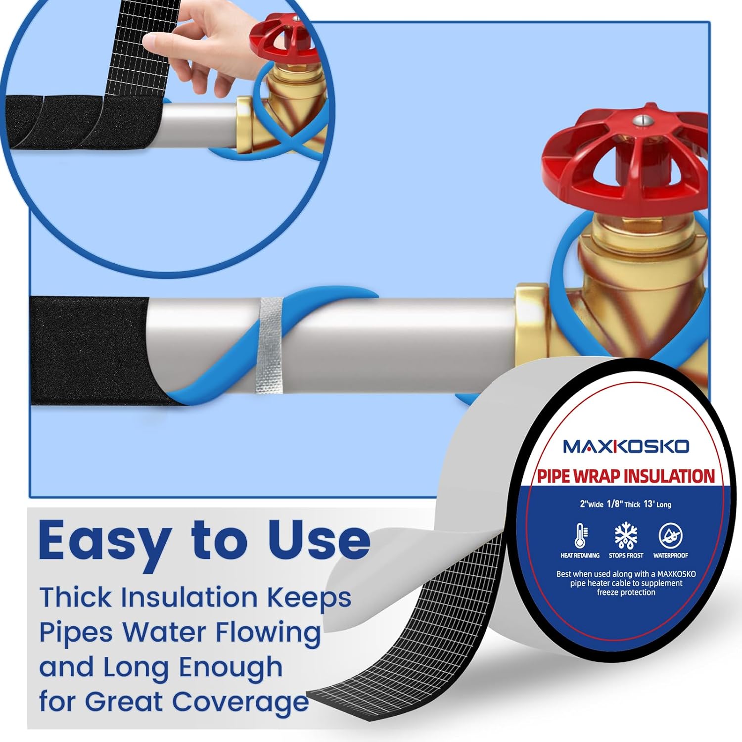 6FT.120V Heat Tape for Water Pipes, 13 FT x 2 Inch Outdoor Pipe Insulation Tape Keeps Pipes Dry and Warm for Pipe Freeze Protection