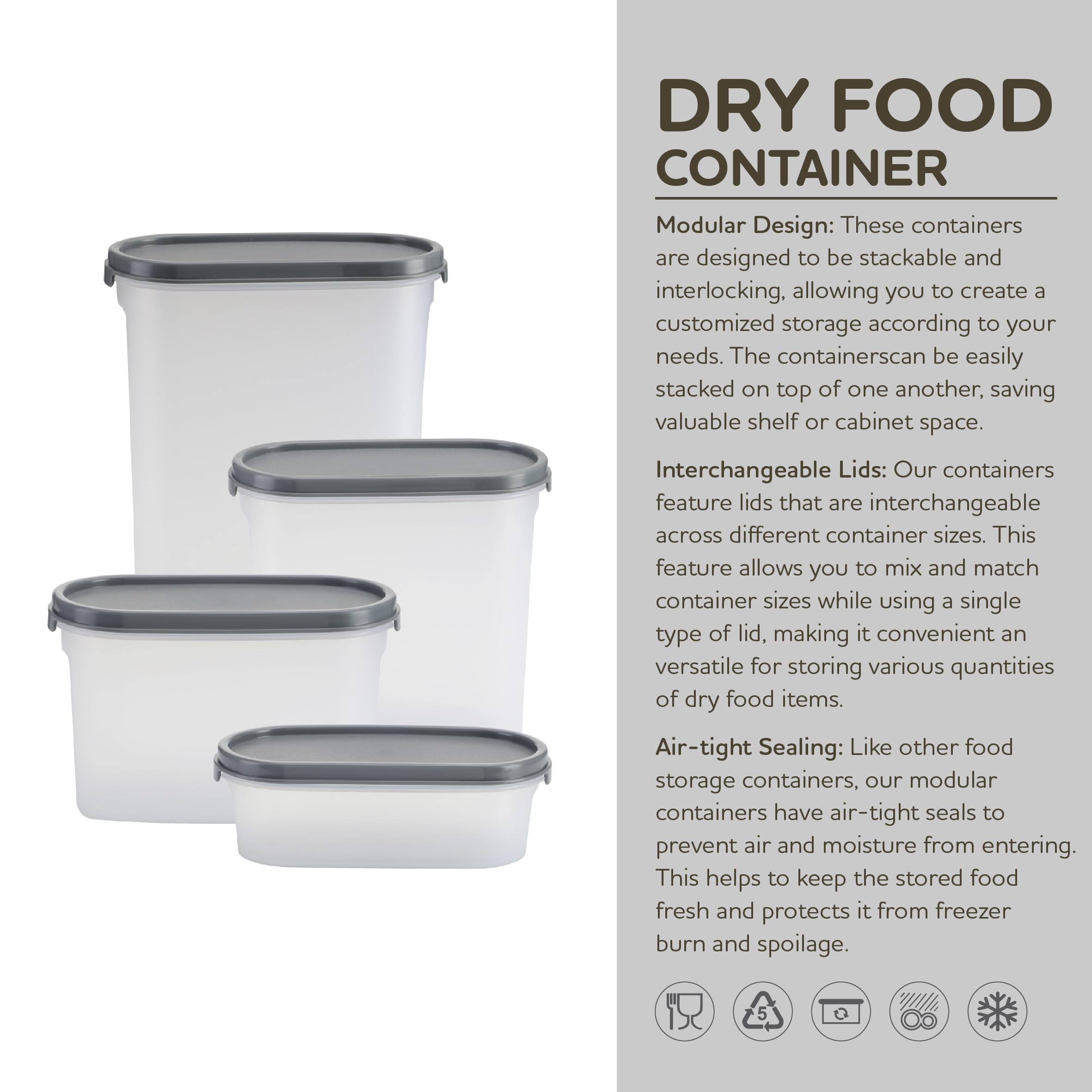 KOLORR Lot de 5 récipients modulaires en plastique pour cuisine | Organisateur d'aliments secs | Bocal hermétique | Transparent
