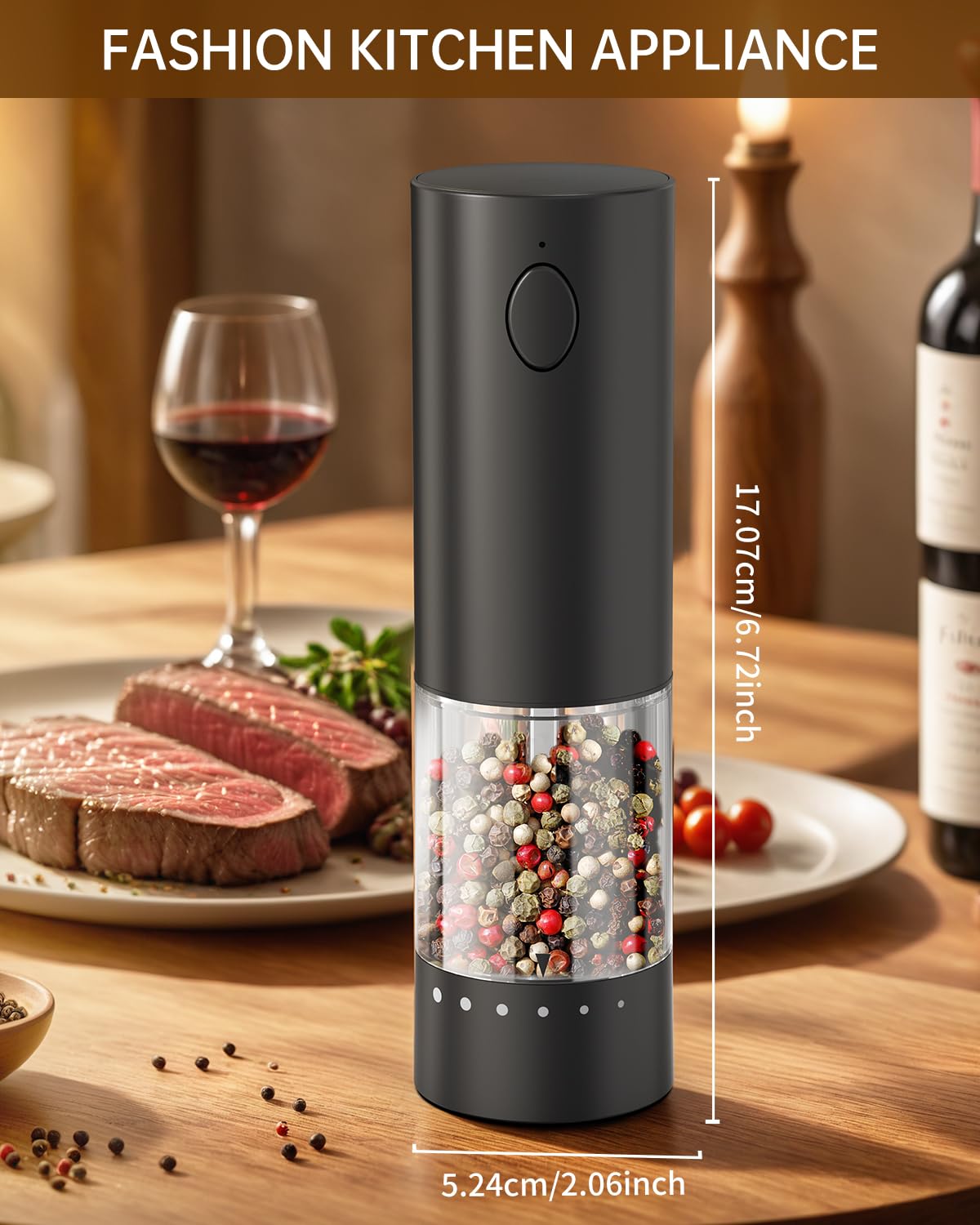 Molinillo de pimienta eléctrico recargable, molinillo de sal y pimienta con recipiente lavable de 3.2 fl oz, luz LED blanca y grosor ajustable externo, negro 5