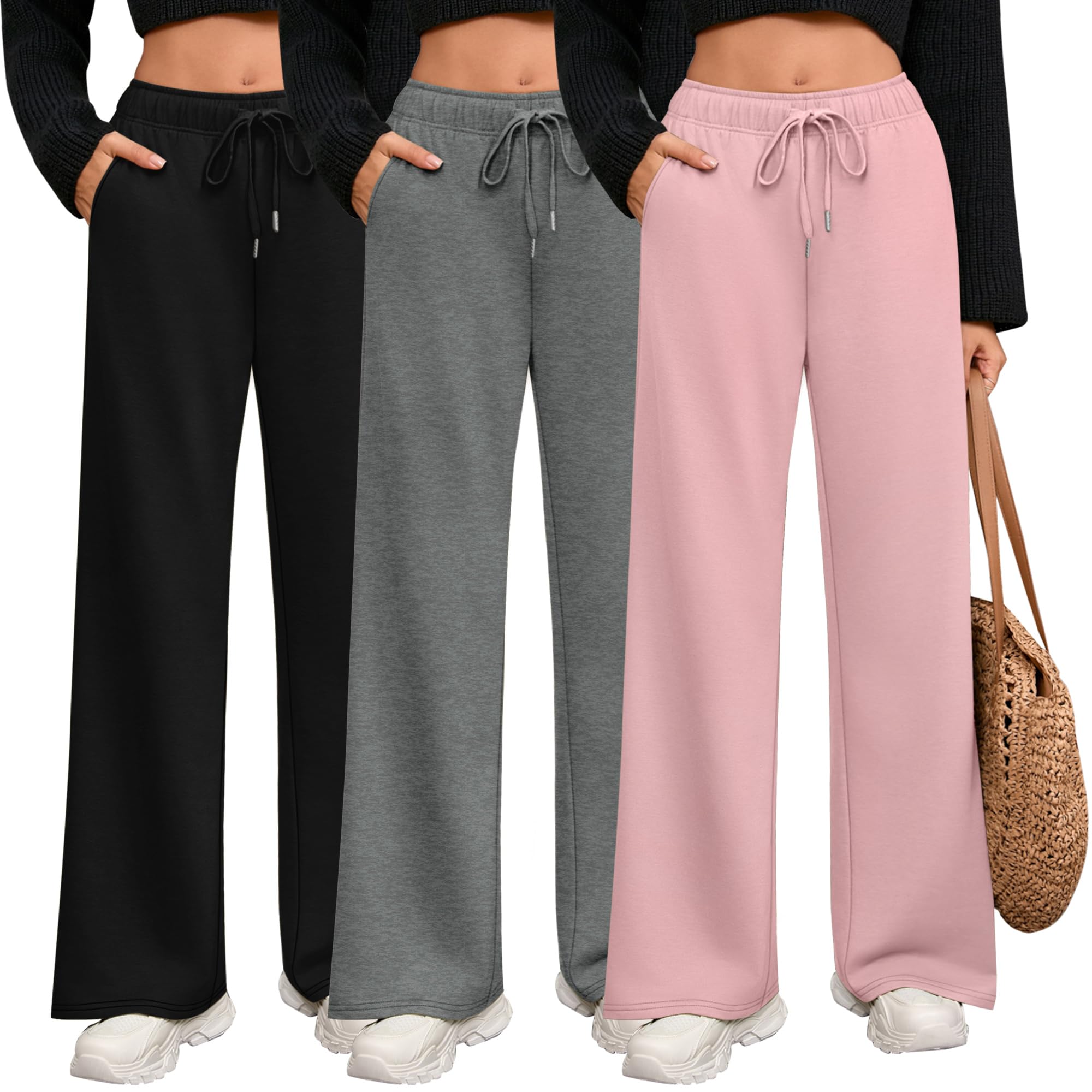 Riyiper 3er Pack Damen Jogginghosen mit Weitem Bein Kordelzug Gerade Hose Jogginghose mit Elastischem Bund und Taschen