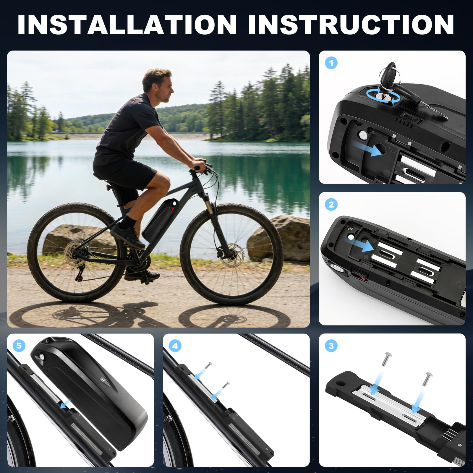 48V 13AH Batteria per Bicicletta Elettrica con Caricatore, Hailong Batteria Agli Ioni di Litioper Bici Elettrica Sul Tubo Obliquo, con Piastra di Base a 4 Pin