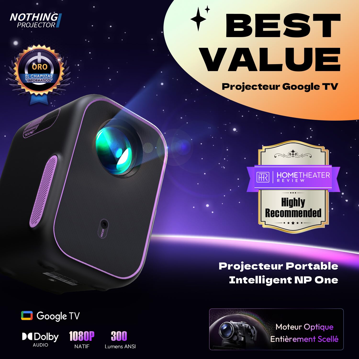 Projecteur avec WiFi, Bluetooth, Full HD 1080P, Support 4K, Audio Dolby Intelligent. Idéal pour cinéma Maison ou extérieur. HDMI Mini Portable NP One
