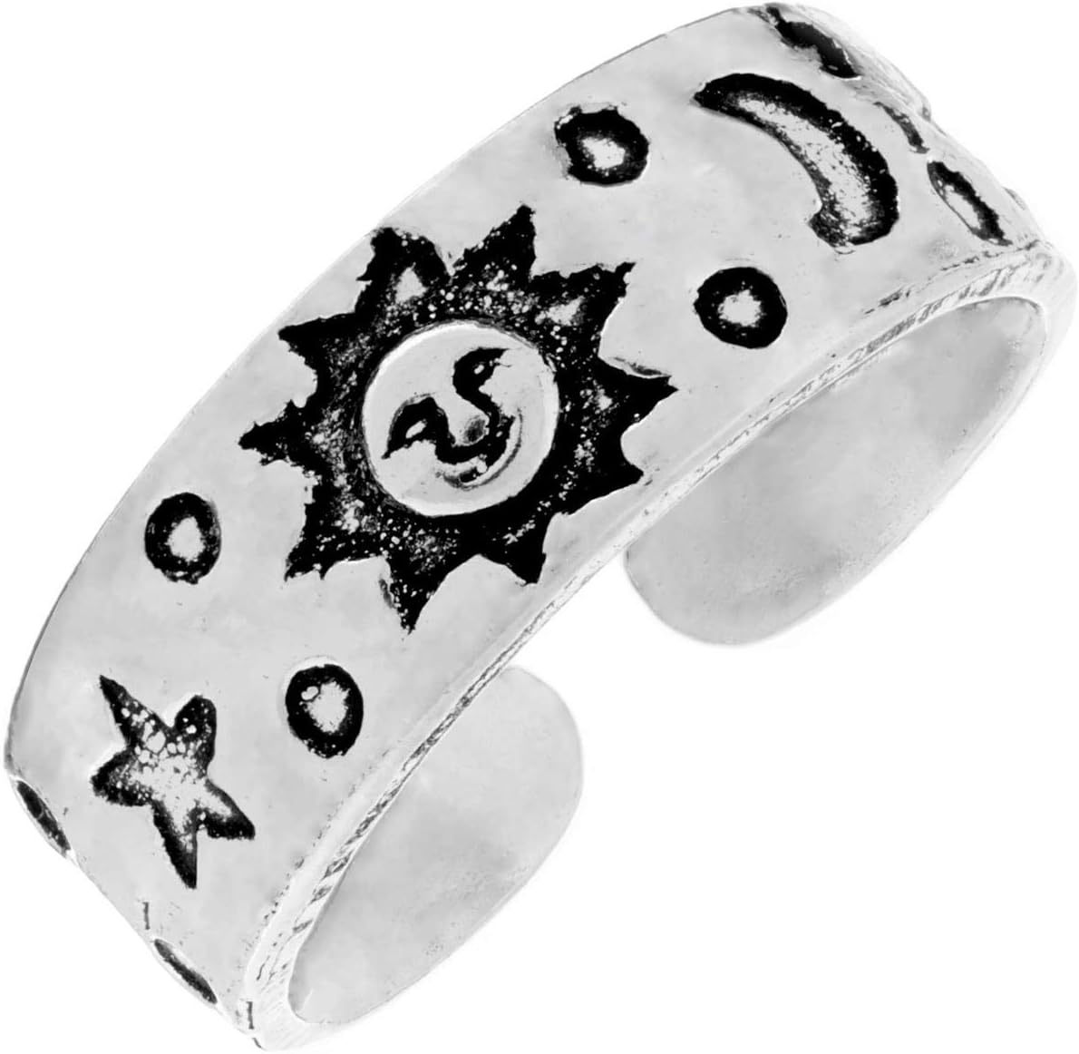 81stgeneration Sterling Silver Band Toe Ring With Engraved Sun, Moon, and Stars - Celestial Midi Finger Pinky Adjustable Rings for Women - 925 Silver Foot Jewelry for Women - Witchy Gothic Fashion