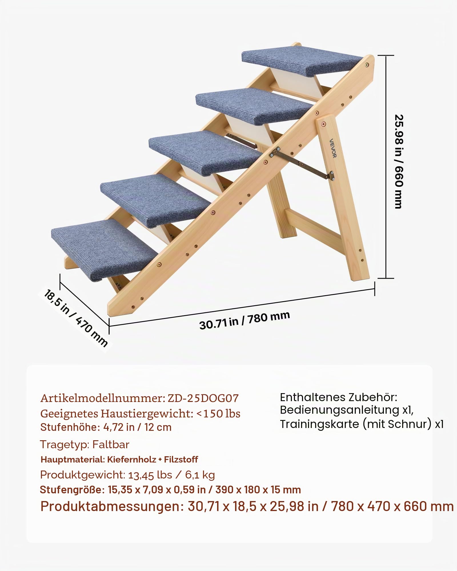 VEVOR Hundetreppe 780x470x660 mm, 5-stufige Hautiertreppe, klappbare Holztreppe geeignet für kleine, mittlere, große, ältere Haustiere sowie Welpen bis 68 kg, Hundeleiter für Betten, Sofas & Autos