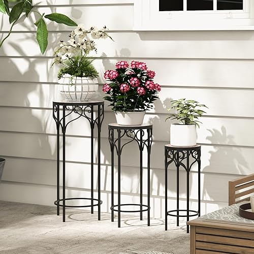 Miniatura 7 de Giantex Juego de 3 soportes de metal para plantas, de 28 pulgadas, soporte de flores alto de mosaico con parte superior de cerámica, mesa auxiliar