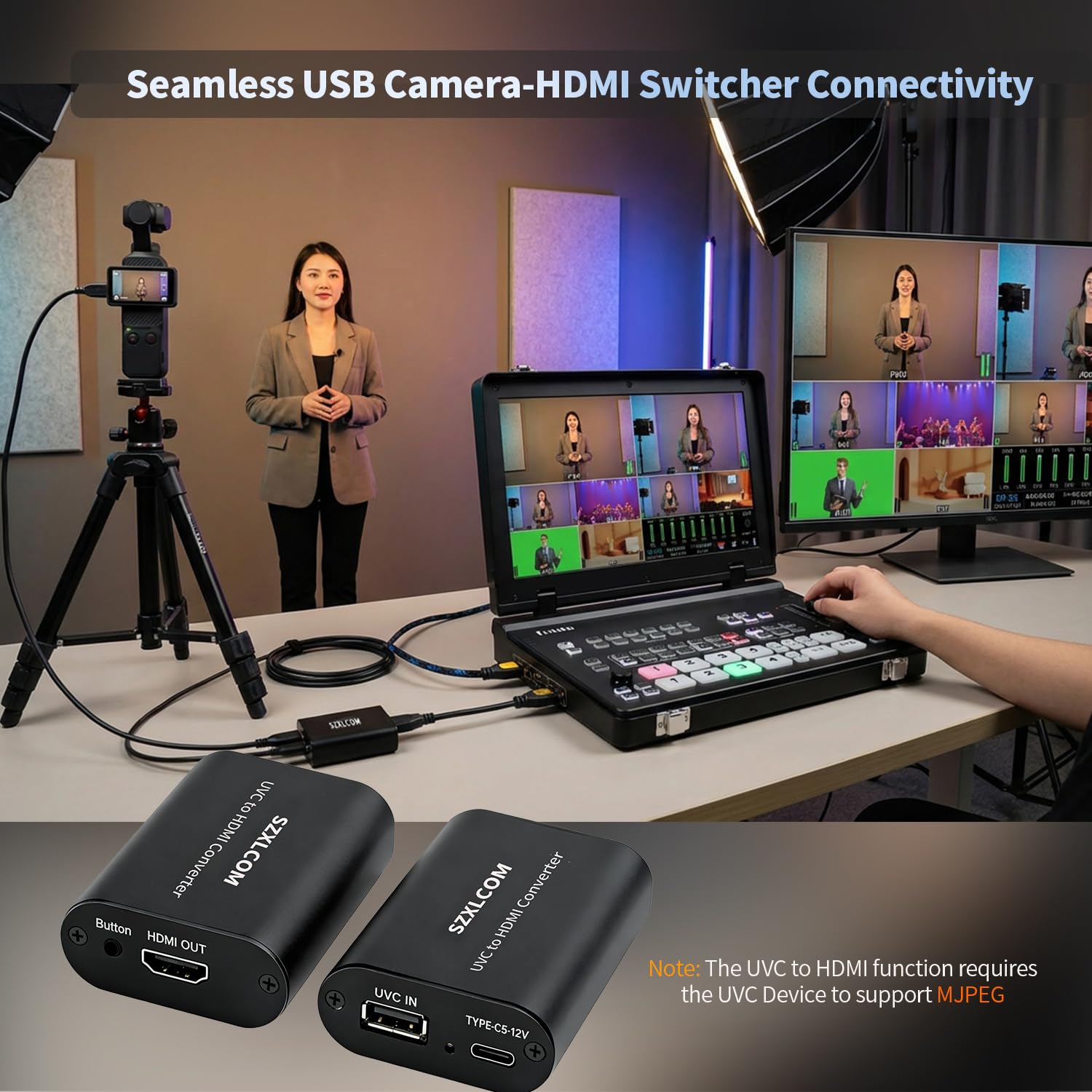 Convertitore da UVC a HDMI 1080P 60Hz, supporta la ricarica della fotocamera, commutatore video webcam USB a uscita video HDMI, per streaming live su TV, monitor e scheda di acquisizione HDMI