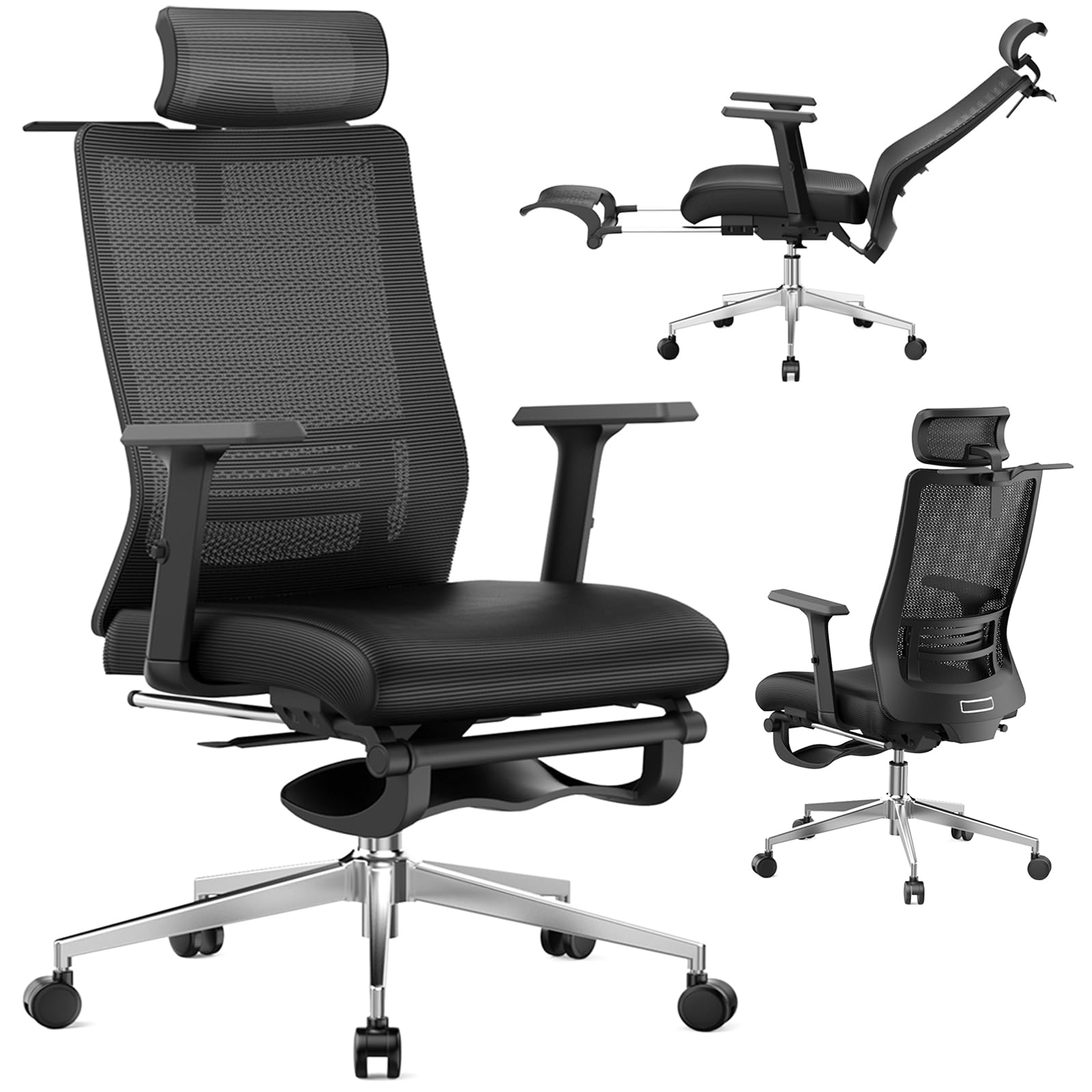 IZYUF Ergonomic Office Chair with Footrest, 145° Reclining, Adjustable Lumbar & Headrest, 3D Armrests, Silent Casters, Heavy Duty Steel Base, 159KG Capacity, Swivel Desk Chair for Home Office