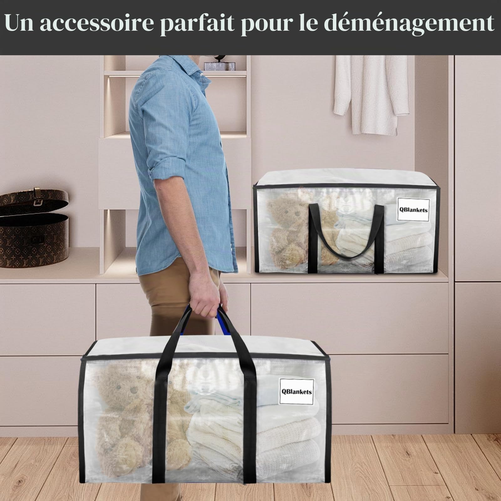 Withosent 100L Grand Sac de Rangement, Lot de 10 Imperméable Sacs de Déménagement avec Fermeture éclair et Poignée, Boite Vetement Couettes, Alternative aux Cartons Déménagement, Transparent
