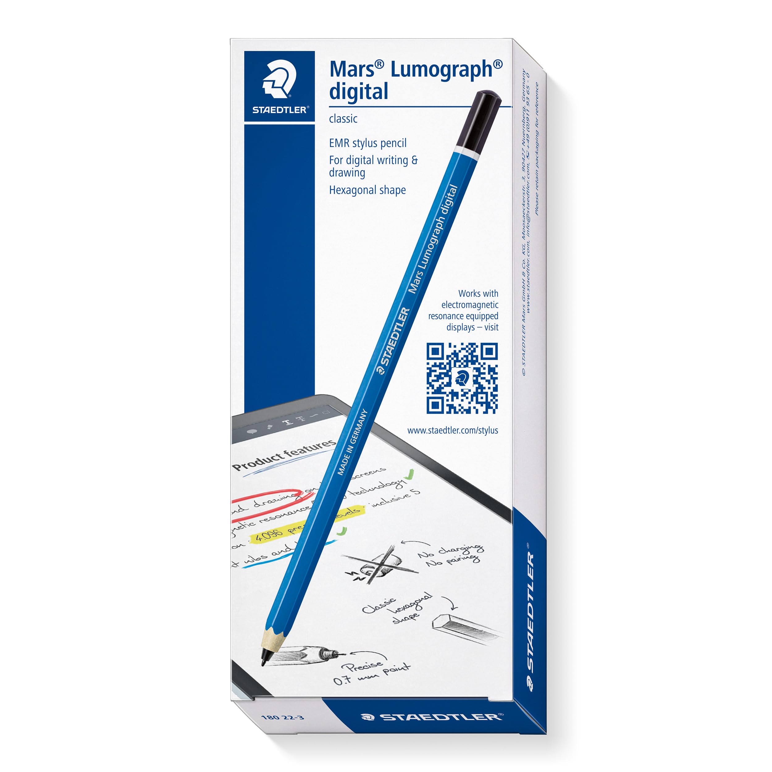 STAEDTLER Mars Lumograph Classic Digital Stylus Pen: No Charging, EMR Palm Rejection, 4.096 Pressure Levels, Hexagonal Shape, Natural Writing and Drawing on Touchscreen Tablet, Laptop, Phone