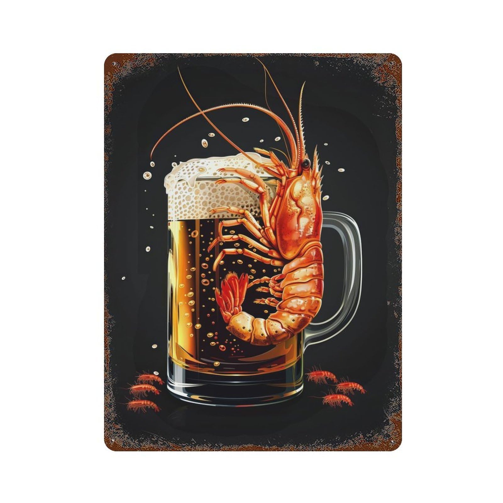 Shrimp Beer Aged Metal Wall Plaque 15.7"x11.8", Industrial Home Decor for Pub, Kitchen And Man Cave Decor