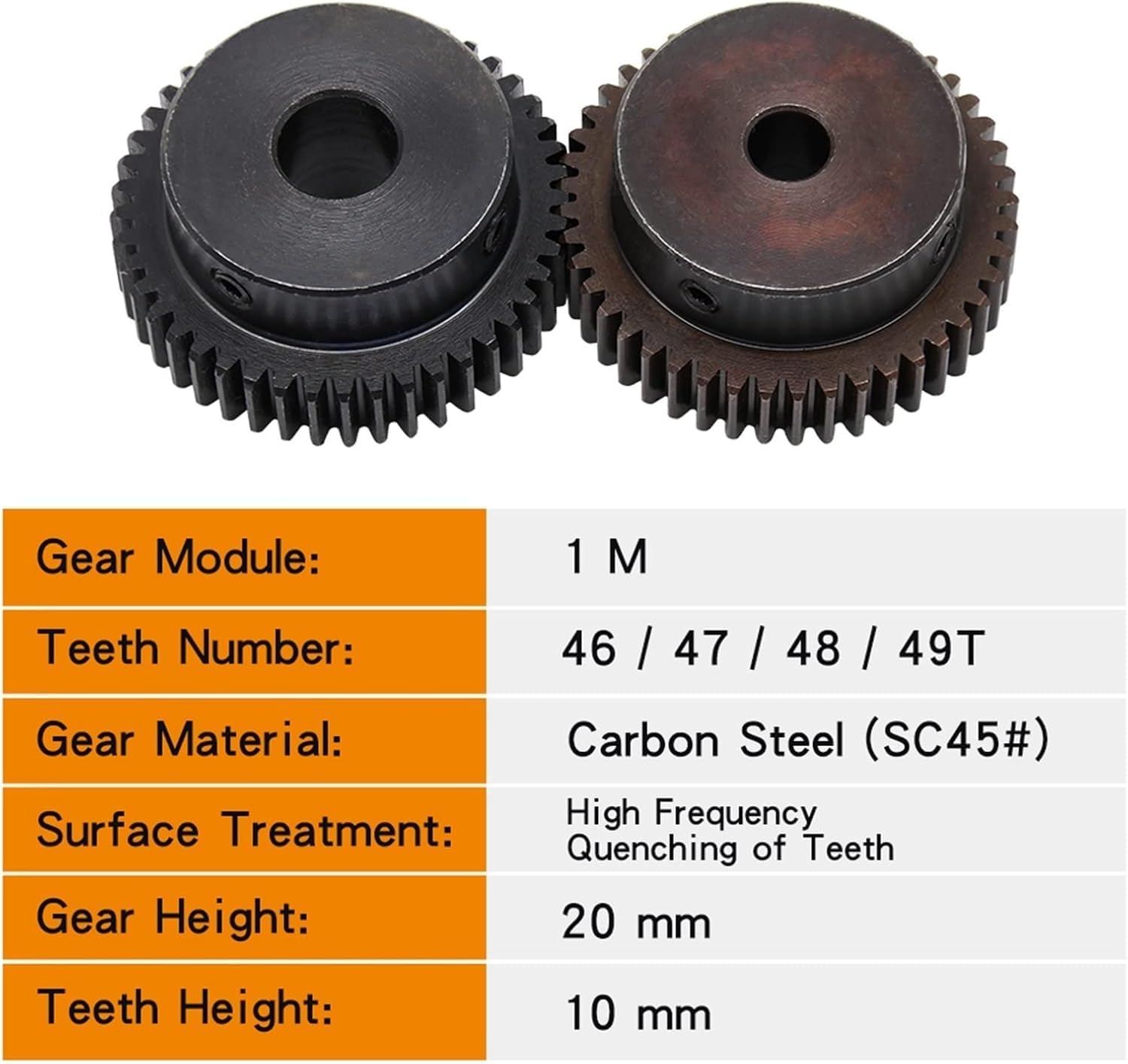 Modulritzel, Motorritzel, 1 Modul 46T 47T 48T 49 Zähne Stirnrad 45 Ritzel aus Kohlenstoffstahl 8 mm 10 mm 12 mm 15 mm Bohrung Hochfrequenz-Abschreckgetriebe Stirnradkegel(46 Teeth*10 Mm Bore)