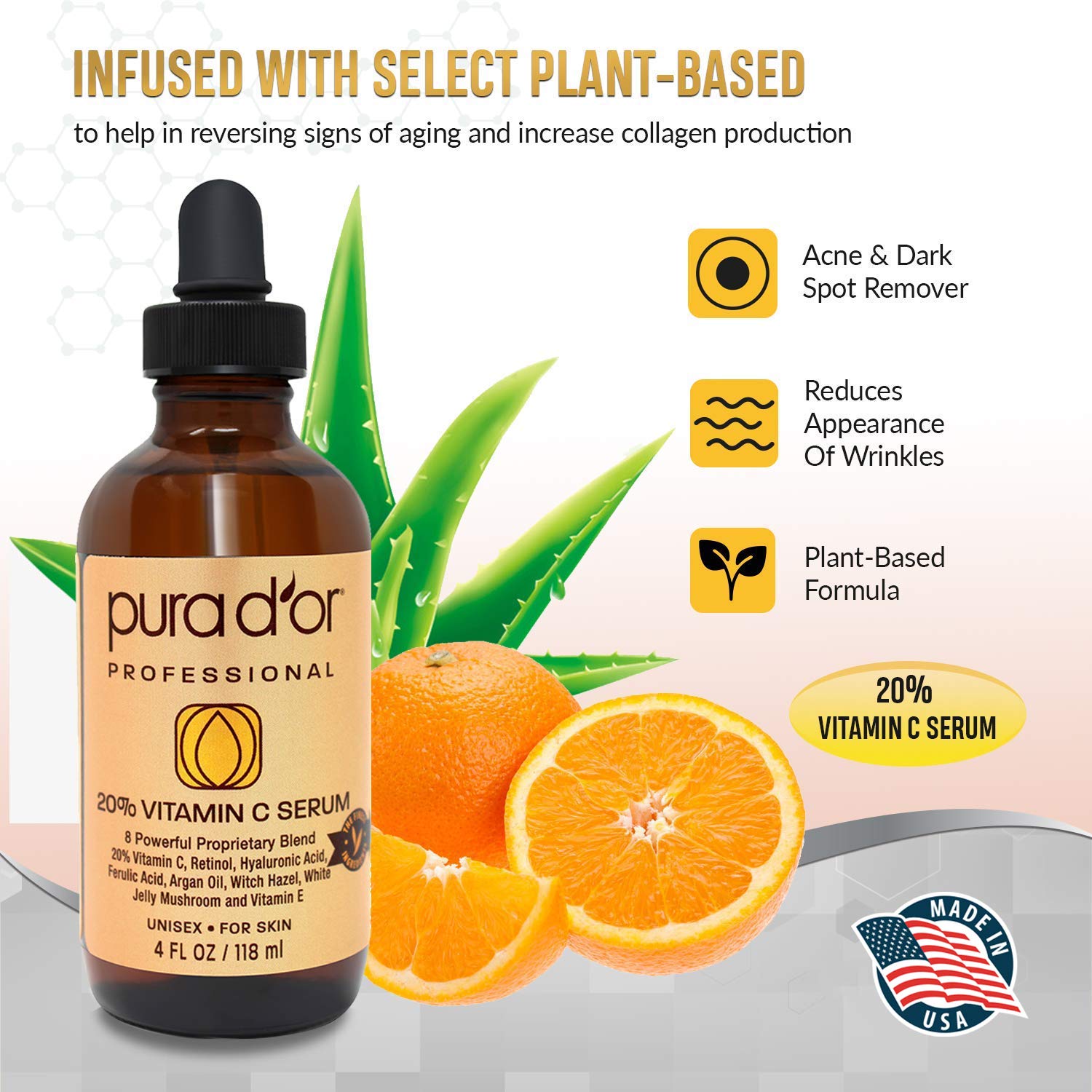 PURA D'OR 20 Vitamin C Serum Premium Professional Grade (4oz / 118mL
