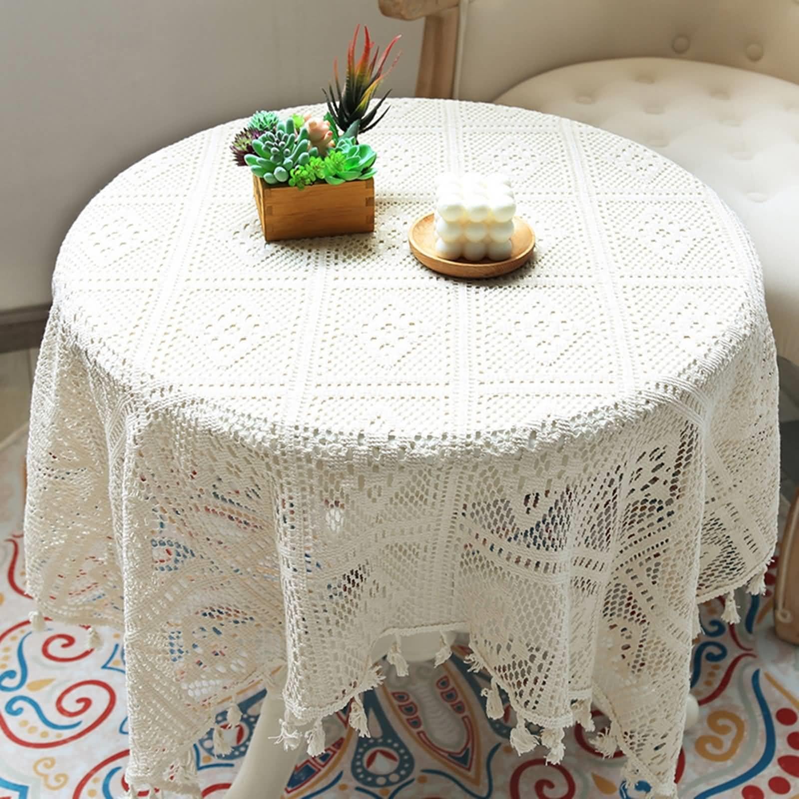 Tischdecken 140x300 cm Beigeweiß, Abwaschbar Tischdecke Rechteckig aus Polyester mit Quasten Tischtuch Gehäkelt Einfarbig Tischwäsche für Esstisch
