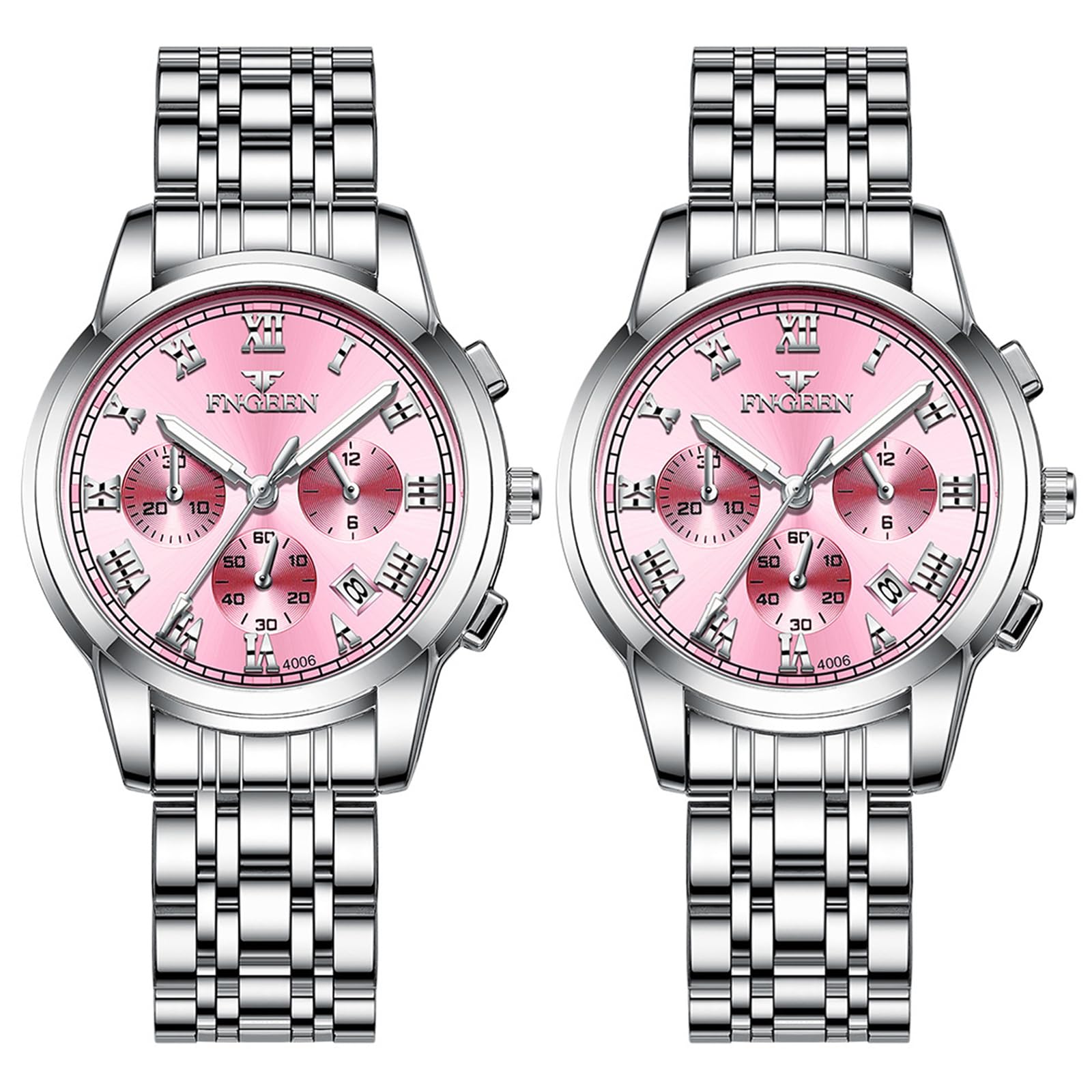 Aroncent Par de relojes de San Valentín para parejas: relojes impermeables con tres ojos, números romanos, calendario, manecillas luminosas, relojes de pulsera analógicos de cuarzo para hombres y