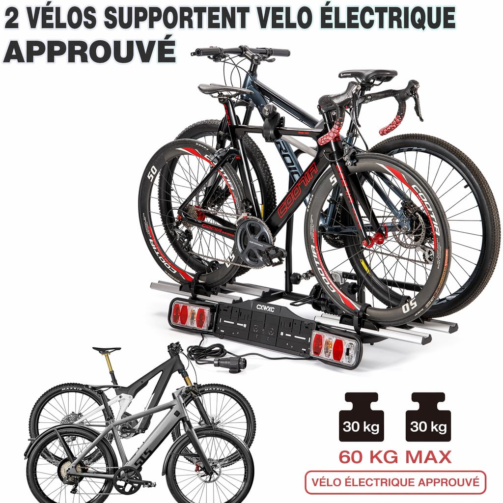CXWXC Porte vélo électrique pour attelage de remorque 2 vélos, Charge utile maximale 60 kg, Porte-vélos d'attelage de remorque avec feu arrière (Noir)