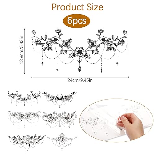 Miniatura 2 de 6 hojas de tatuajes en el pecho flores de rosas debajo de las tetas tatuajes temporales negros debajo del pecho para mujer joyería impermeable lazo