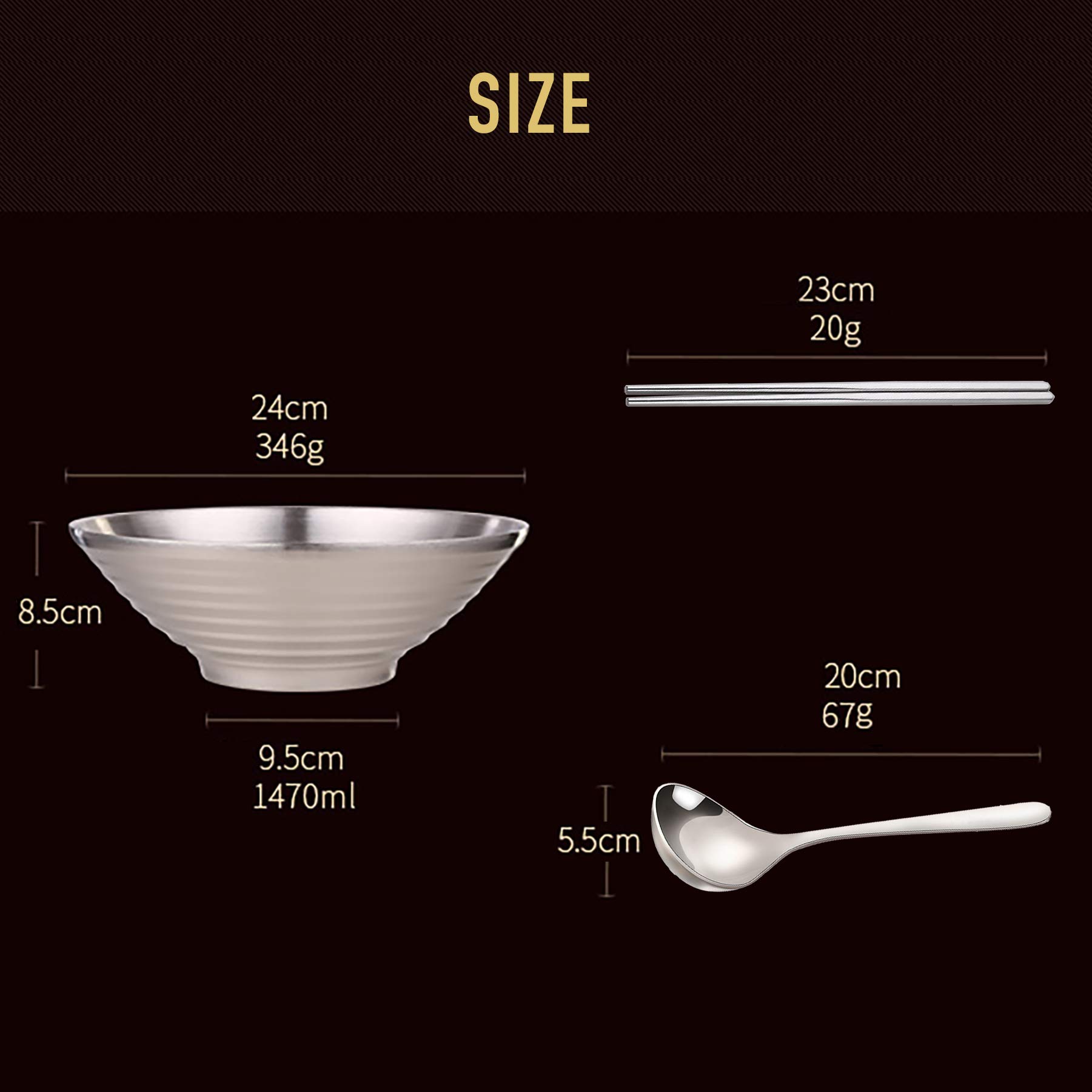 Lot de 2 grands bols japonais de 24cm x 8.5cm, avec cuillères et baguettes assorties, bol à ramen en acier inoxydable 18/10, grands bols à soupe asiatique, bol Udon épais