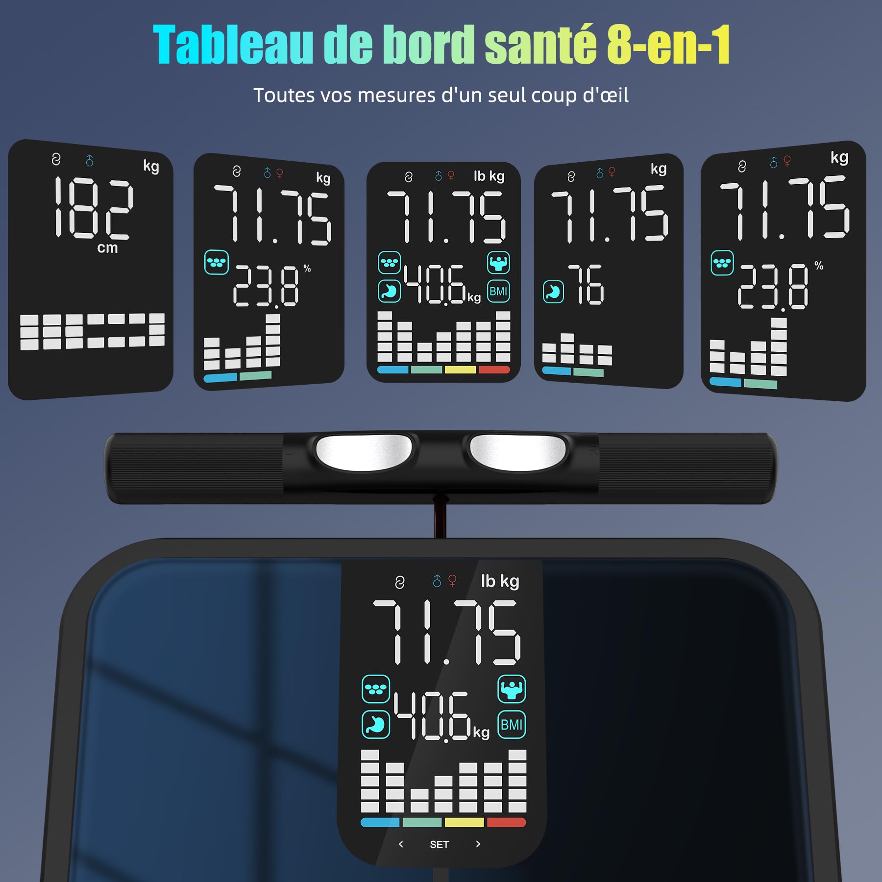 Balance Connectée Impédancemètre 8 Électrodes Professionnelle, Pèse Personne Masse Graisseuse et Muscle avec Poignée, 28 Mesures (Poids, IMC, Graisse), Grand Écran LED, Max 180kg/400lb