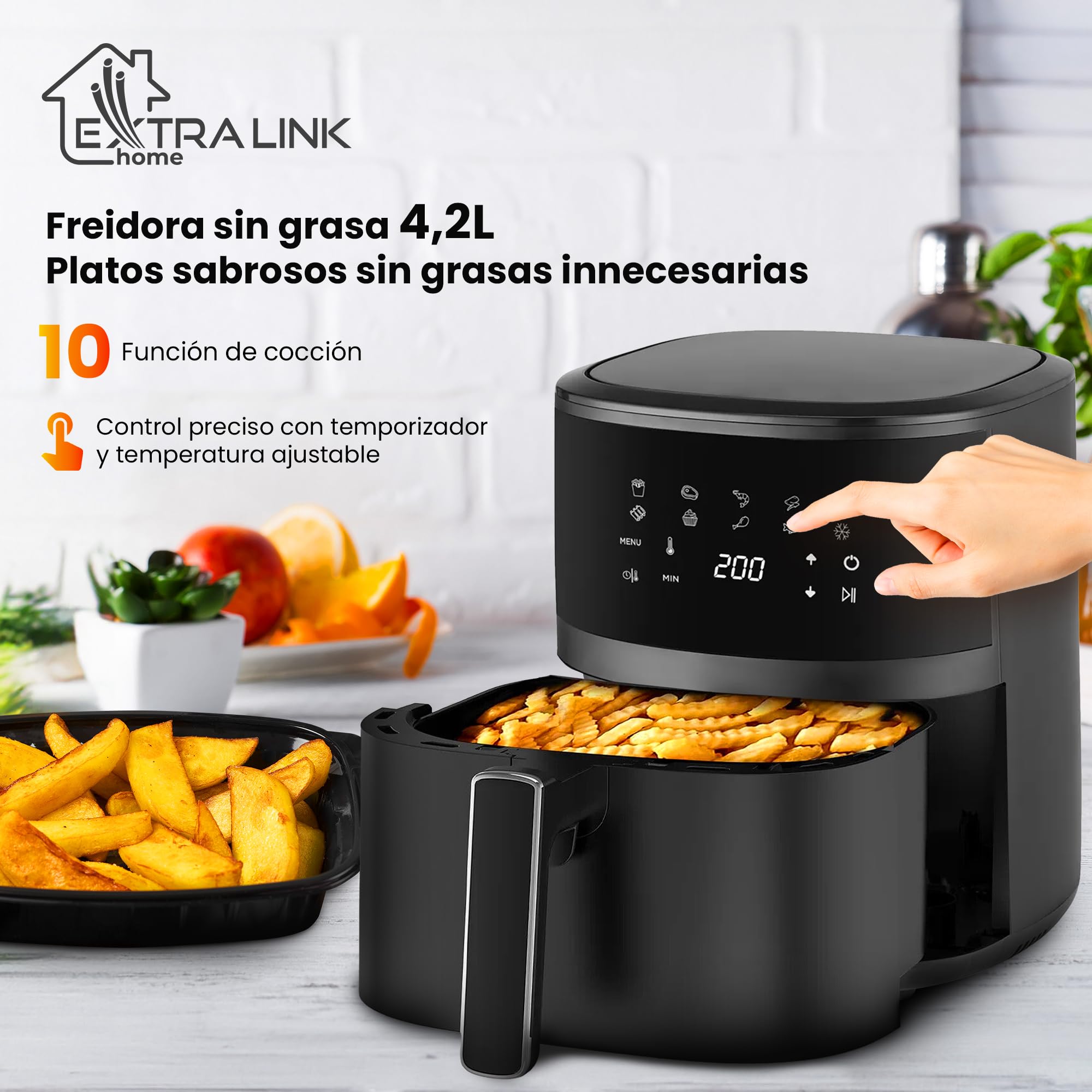 Extralink Freidora Aire 4.2L 1400W con 10 Funciones de Cocina – Airfryer Compacta, Eficiente Energéticamente, Pantalla Táctil LED, Apta para Lavavajillas, 90% Menos Grasa, 80°C a 200°C
