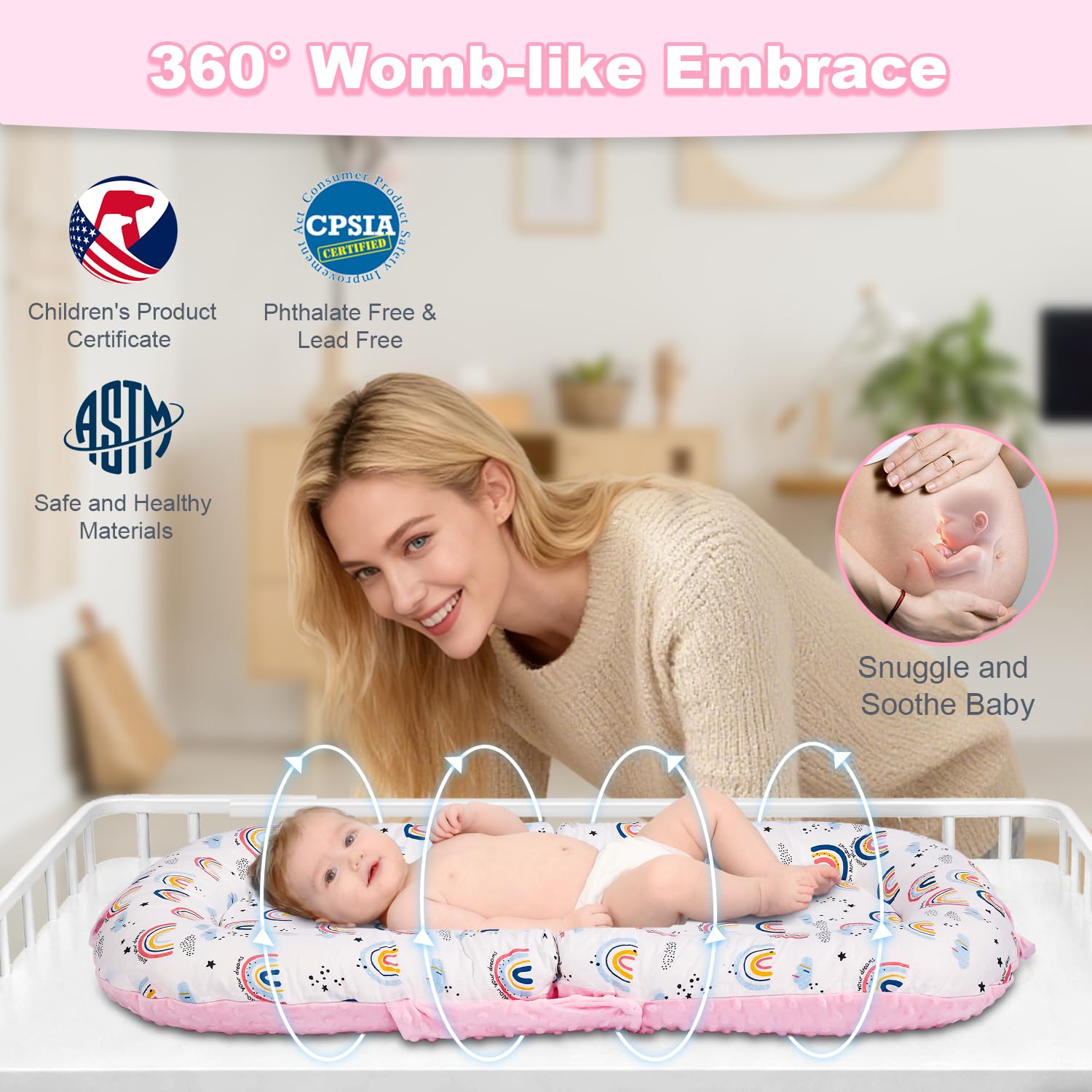 Sdraio 3 in 1 per neonati, portatile da 0 a 24 mesi, cuscino pieghevole e supporto per seggiolino, rivestimento rimovibile in 100% cotone e velluto, double face, ideale come regalo per