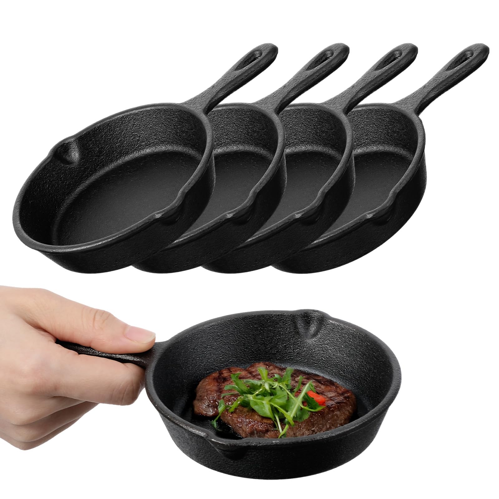 4 Pack Small Cast Iron Skillets, 4Inch Mini Frying Pans with Double Drip Spouts, Non-stick Mini Cast Iron Pan with Handle for Oven, Grill, Stovetop, Campfire, Indoors, Outdoors (Black)