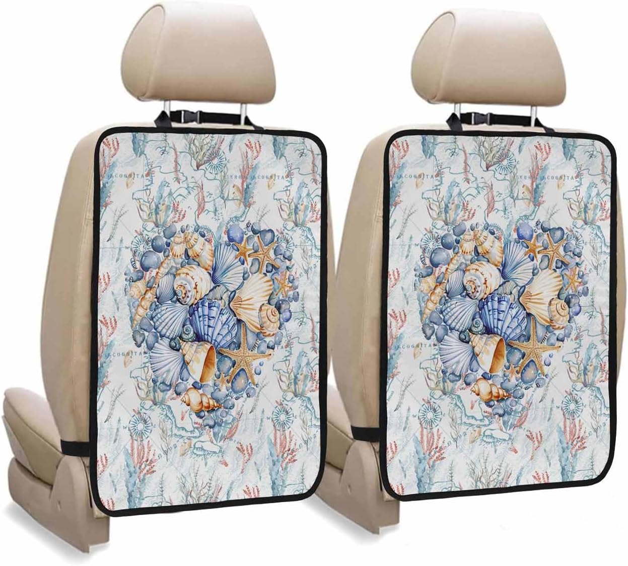 T&H XHome Car Seat Protector, 2 Pack Kick Mats Back Seat Protector Summer Ocean Blue Seashell Starfish Coral Seaweed Waterproof Backseat Cover for Kids Universal Fit Automotive Interior Protectors