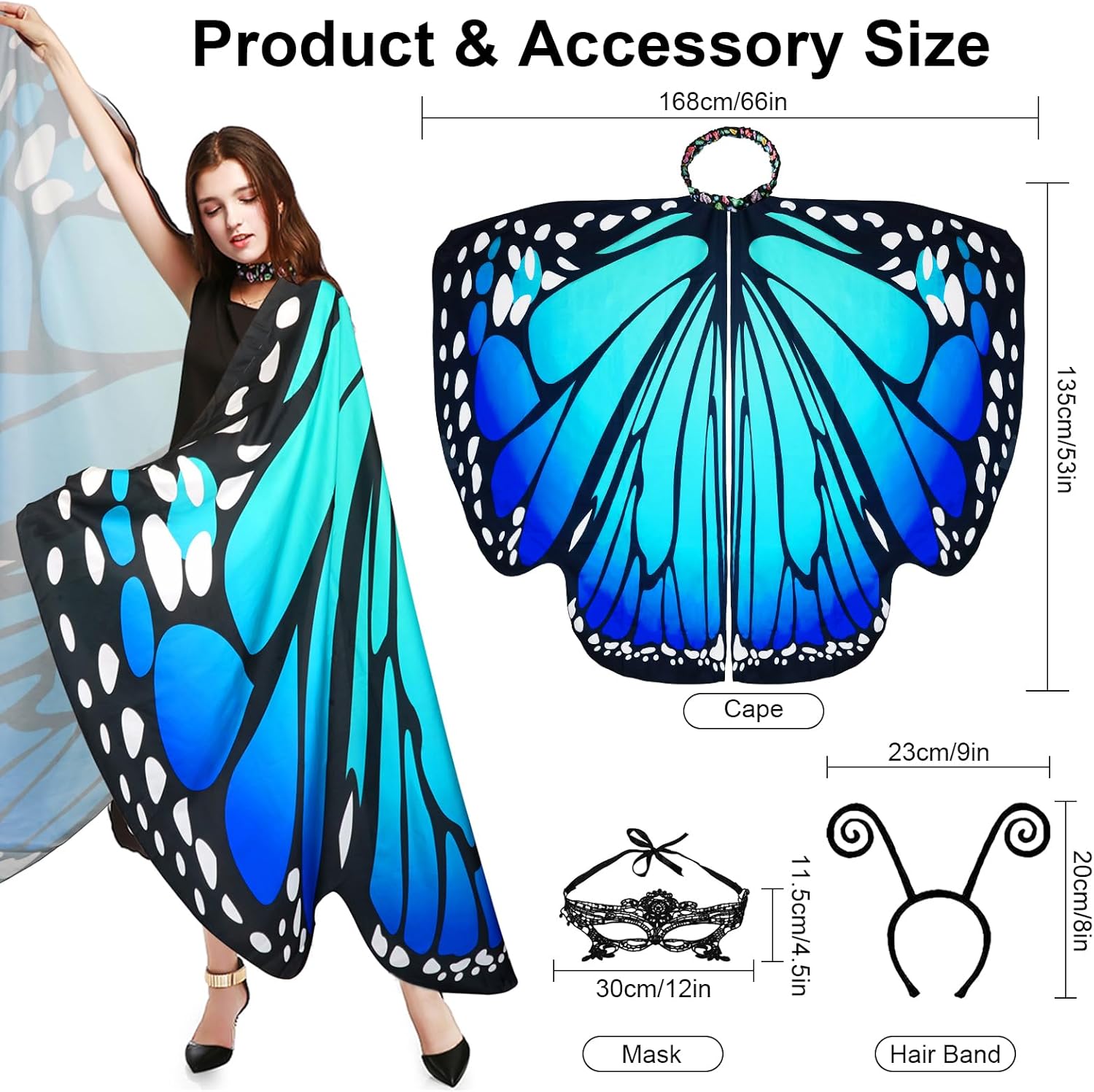 Halloween Costumes Women Adult Butterfly Costume Wings Cape with Lace Mask and butterfly Headband - Image 2
