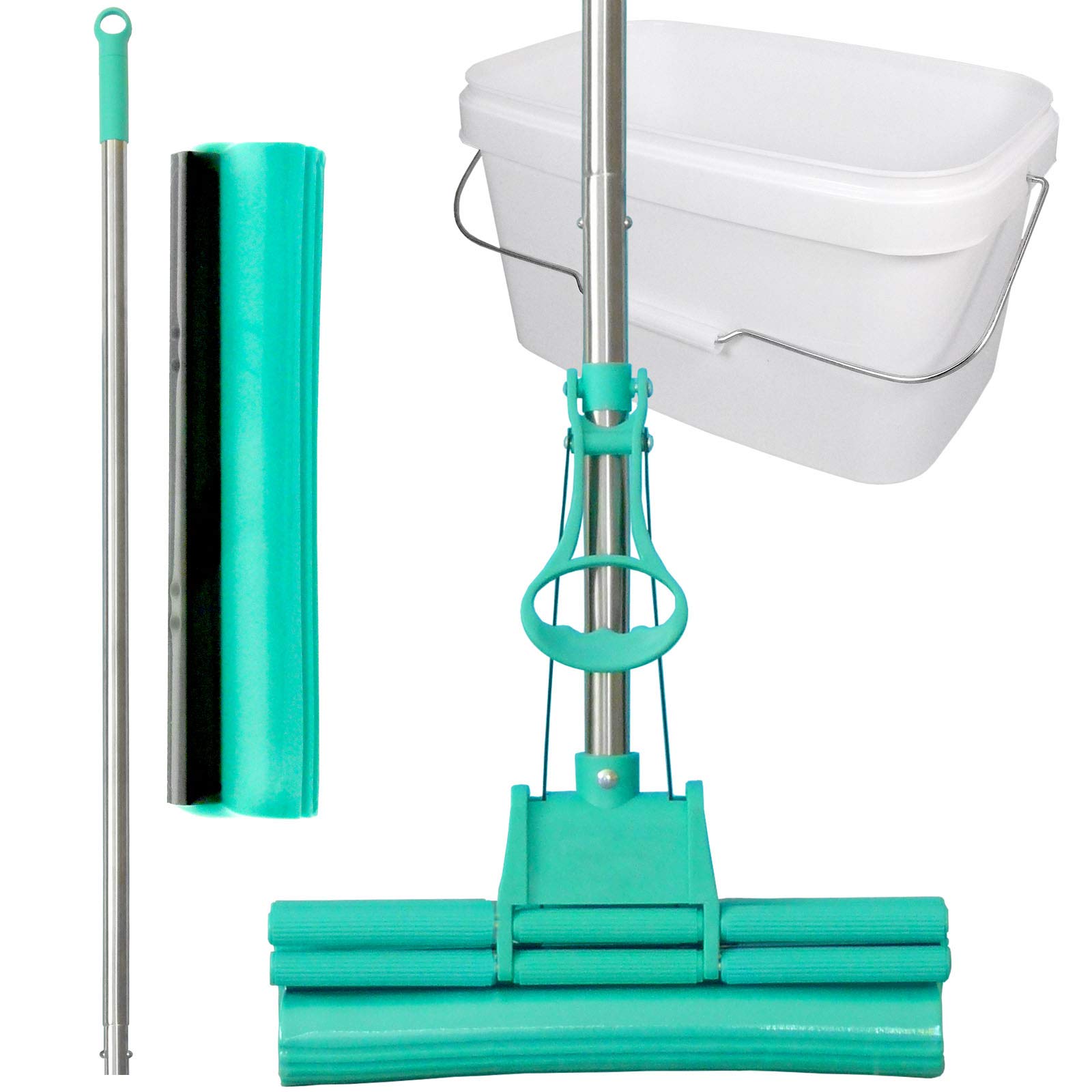 Green Mop Set 30-02 - Mopa Verde de 30 cm + Mango + Esponja de Repuesto + Cubo de 10 litros en Blanco - Mopa Doble aspersora Absorbente PVA