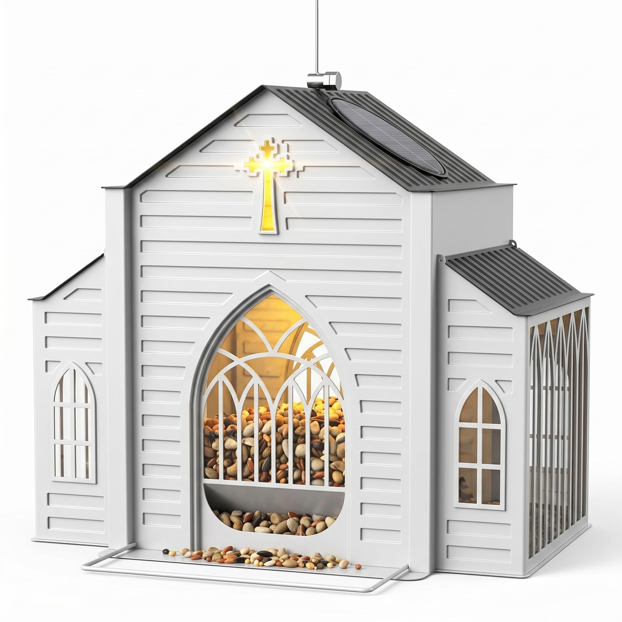 Ngbbby Church Bird Feeder, Hanging Solar Bird Feeder with Light & Drainage Large Capacity Metal Frame for Garden, Yard, Outdoor, White, Solar Powered