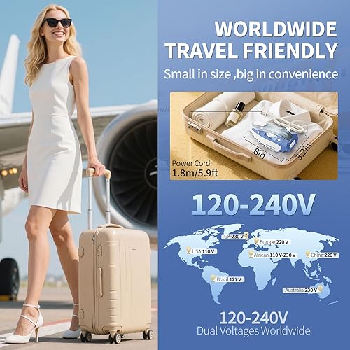 Miniatura 2 de Mini plancha de viaje de 1100 W con vapor para ropa con doble voltaje, tanque de agua de 2.7 onzas, control de temperatura, suela antiadherente,
