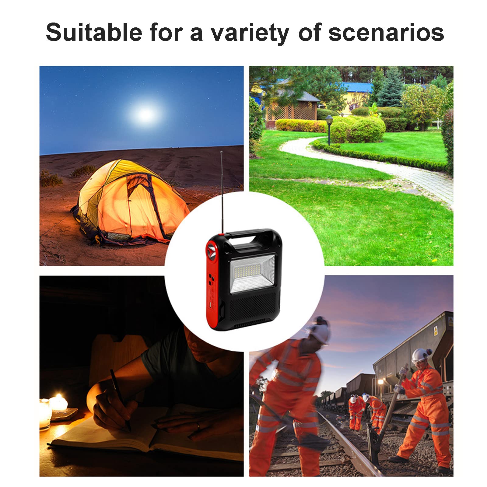 Radio Solaire Haut Parleur Bluetooth - Portable Camping, Connexion Ampoule 5W, USB/TF Lecteur, Lampe Poche Rechargeable Batterie 3600 mAh,1 Bulb
