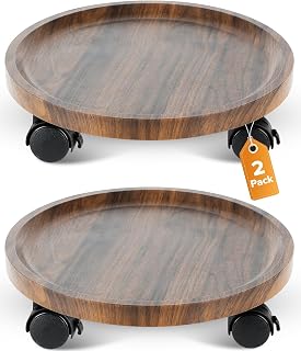 2 Pack Plant Caddy with Wheels, 12" Wood Rolling Plant Stand with 360° Lockable Wheels, Plant Stands Outdoor for Large Plants, Flower Cart Plant Dolly Plant Caster for Heavy Objects, Walnut